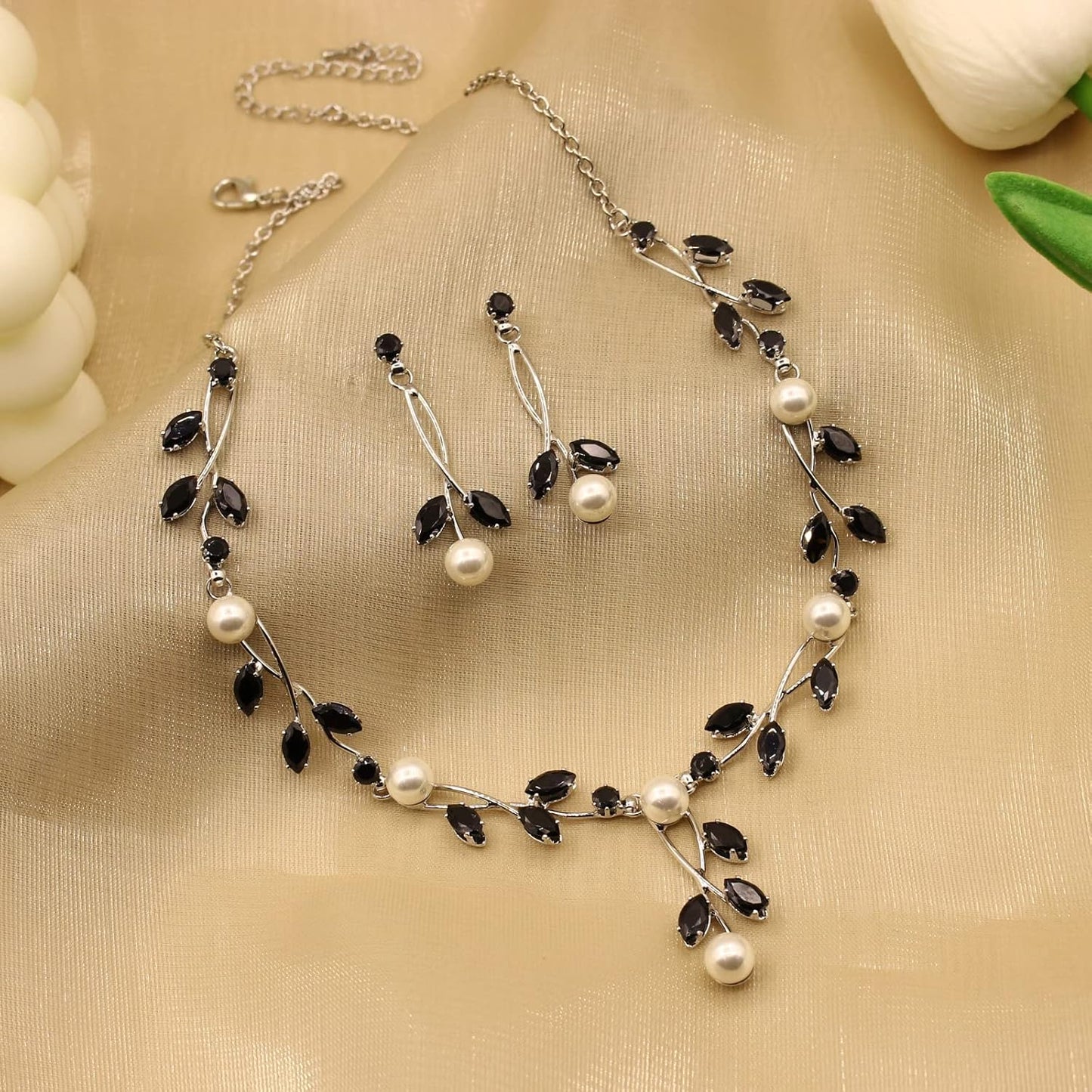 Luxury Cubic Zirconia Aurtrian Crystal Pearl Floral Necklace Dangle Earrings Wedding Bridal Jewelry Set Birthday Gifts for Her