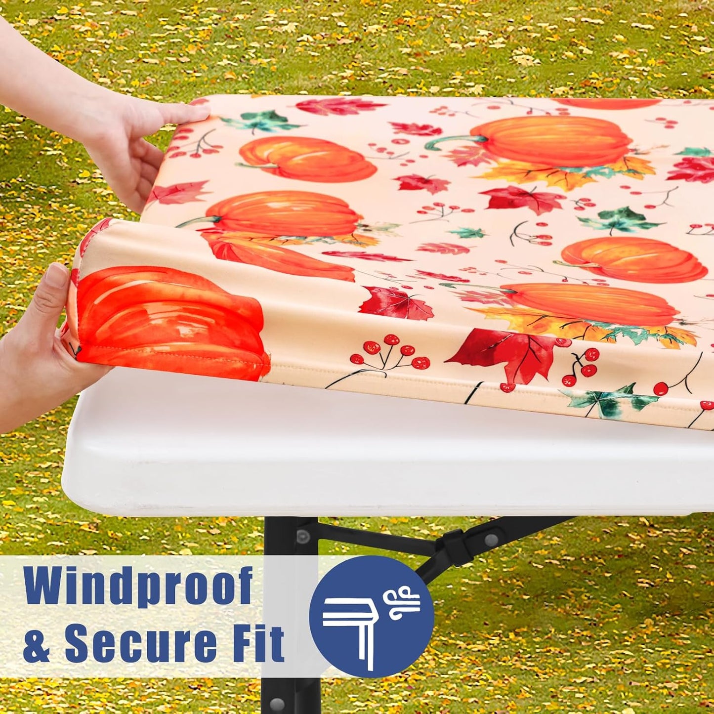 Spandex 6 Foot Rectangle Thanksgiving Table Cloth 2 Pack, Elastic Fitted Tablecloths for Picnic, Stretch Washable Patio Table Cover for Autumn Harvest Parties (Pumpkin Leaf, 30"x72")