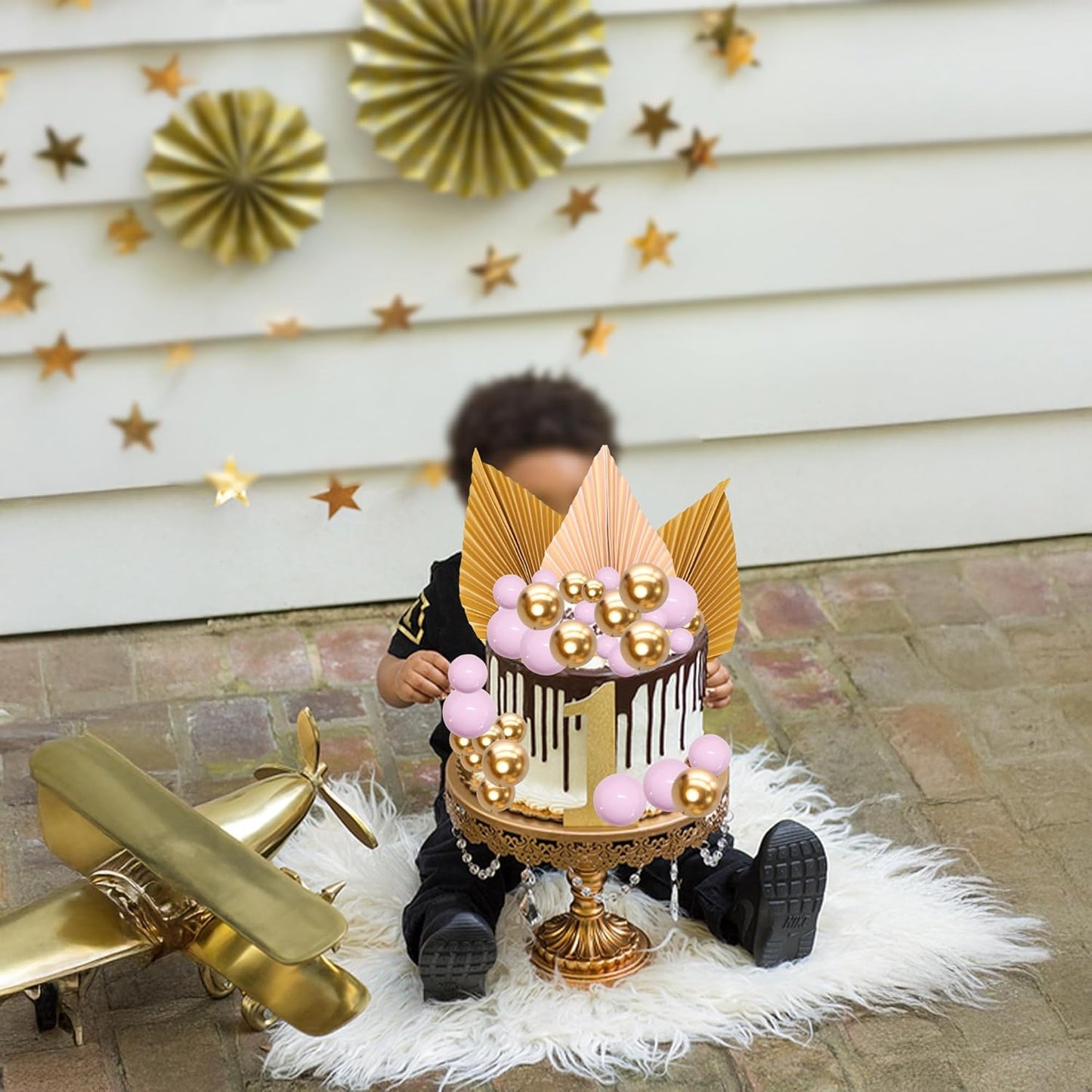 Ephlyn 28Pcs Paper Palm Fan Cake Topper Balls Cake Pick Decoration for Baby Shower Wedding Bridal Shower Birthday Party DIY Cake Decorations Supplies Pink Gold