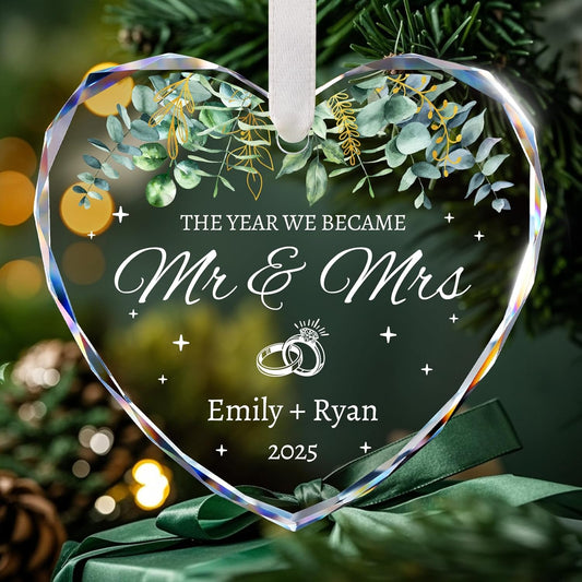 Personalized Wedding Gifts for Couples 2025 - Mr and Mrs Ornament - Bridal Shower Gifts, Wedding Gift for Bride, Newly Wed, Future Mr Mrs - Just Married Decorations Crystal Glass Ornaments