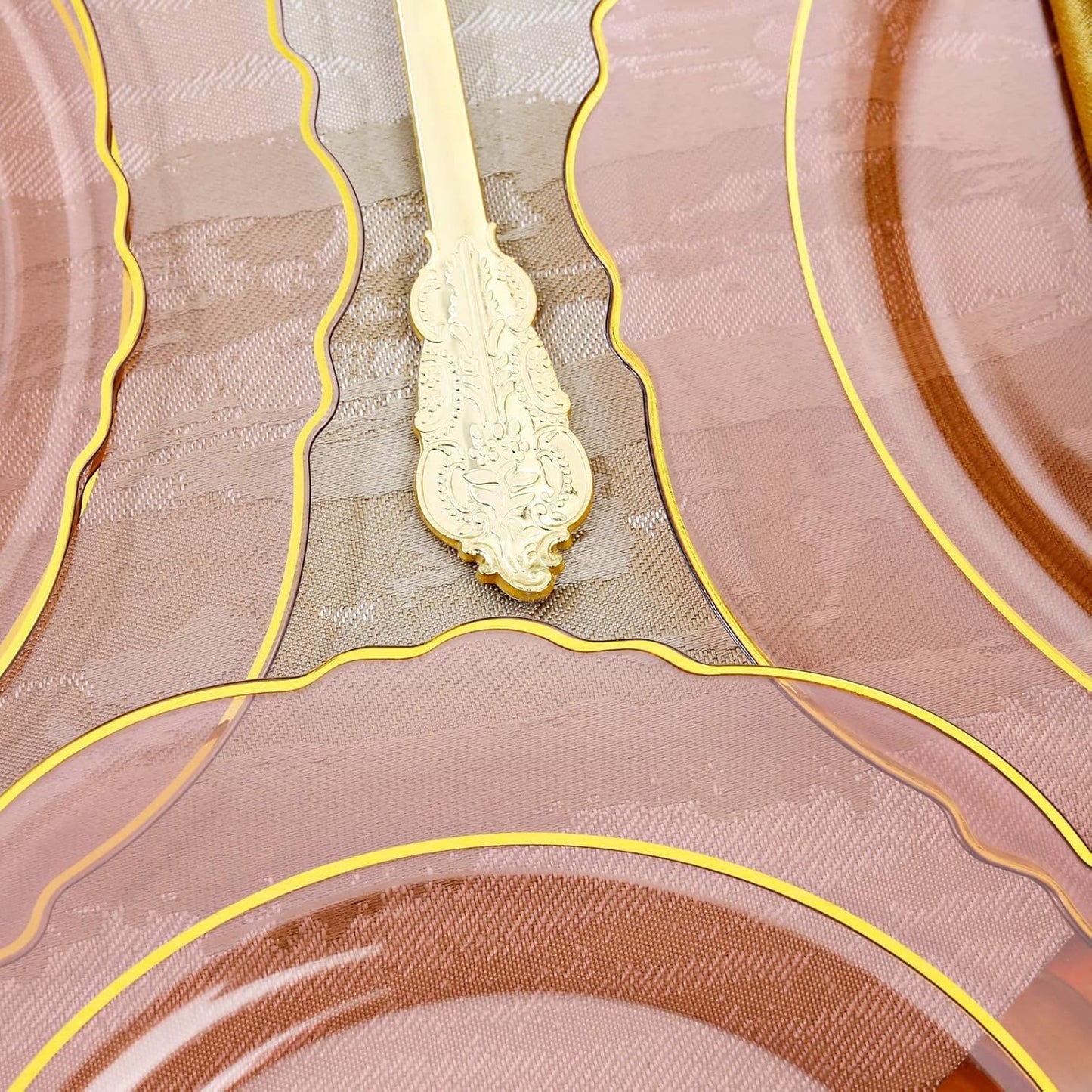 KIRE 210Pcs Clear Pink Plastic Plates with Gold Rim - Disposable Gold Silverware &Pink Cups&Hand Napkin - Plum Colored Plastic Dinnerware for Upscale Wedding