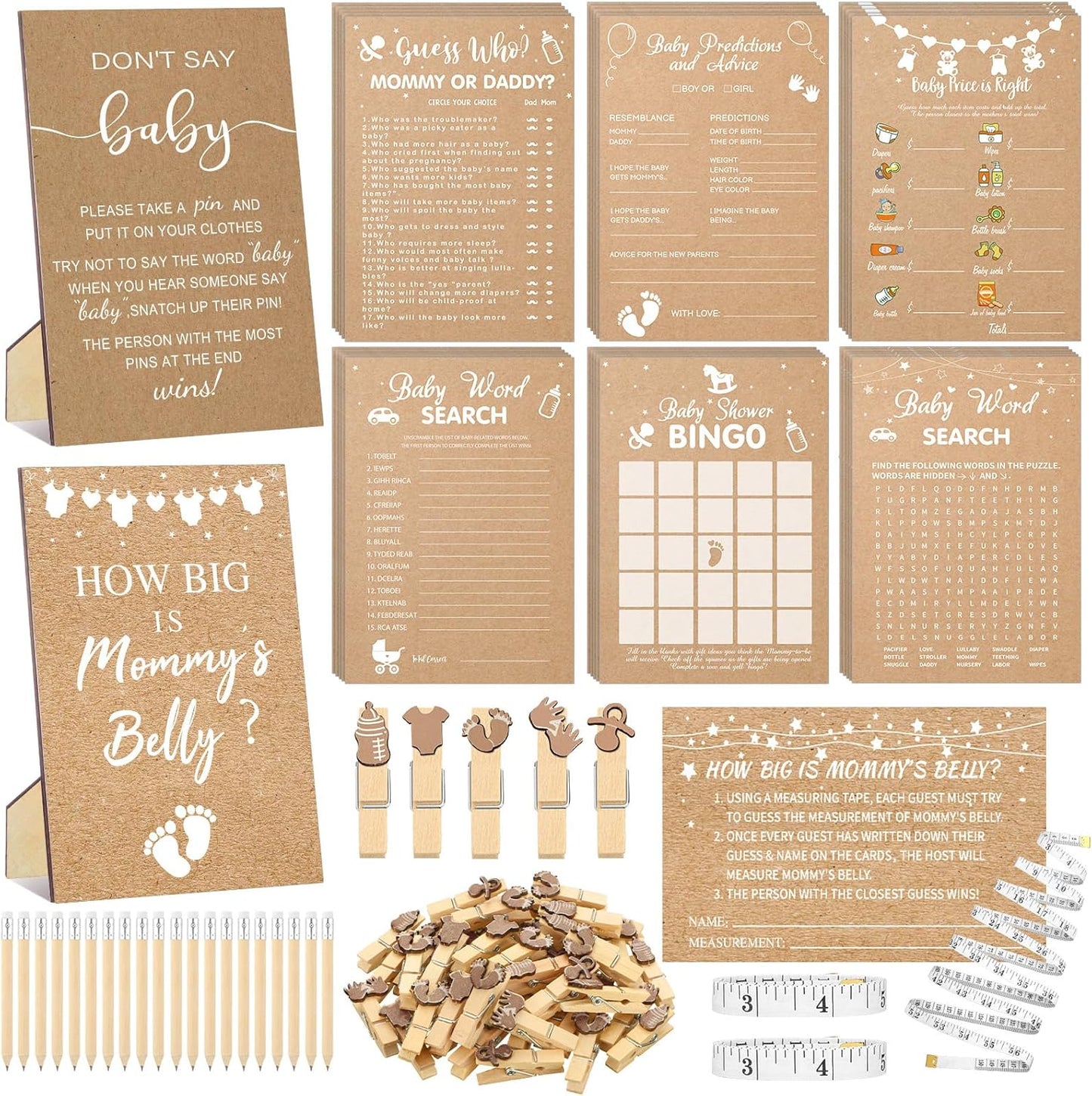 426 Pcs Kraft Baby Shower Games Set-8 Games, Includes Baby Shower Bingo, Price is Right, Guess Who, Word Scramble, Prediction and Advice, How Big is Mommy's Belly, Don't Say The Words