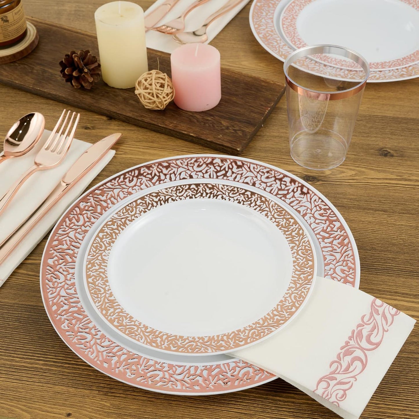 FOCUSLINE 175 Ct Rose Gold Dinnerware Set for 25 Guests, Plastic Plates with Rose Gold Lace Rim Design, Including 25 Disposable Dinner & Dessert Plates, Cups, Napkins, Cutlery Set