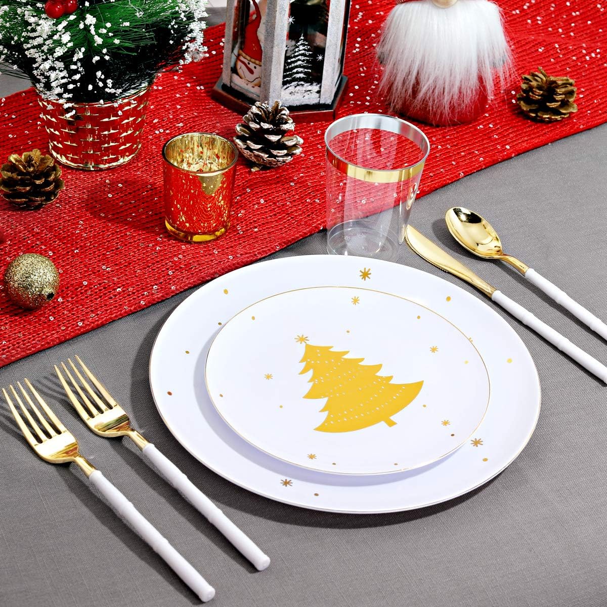 WDF 50Pieces Gold Plastic Plates-Christmas Tree Plastic Plates-Heavyweight White and Gold Disposable Plates for Christmas