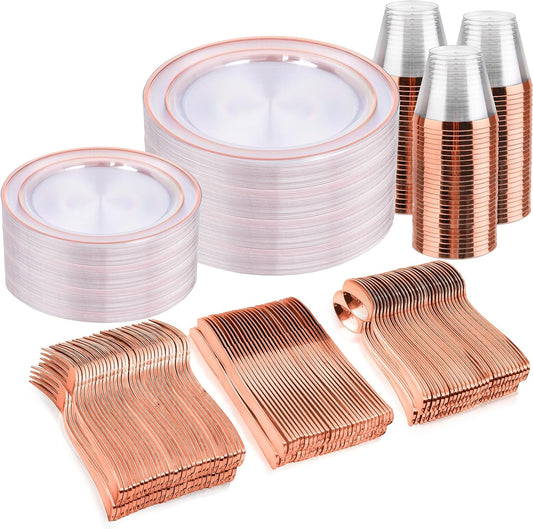 bUCLA 300PCS Clear Rose Gold Plastic Dinnerware - Rose Gold Disposable Dinnerware Set Include 50 Dinner Plates,50 Dessert Plates,50 Knives,50 Forks,50 Spoons,50 Cups for Party, Wedding & Mother’s Day