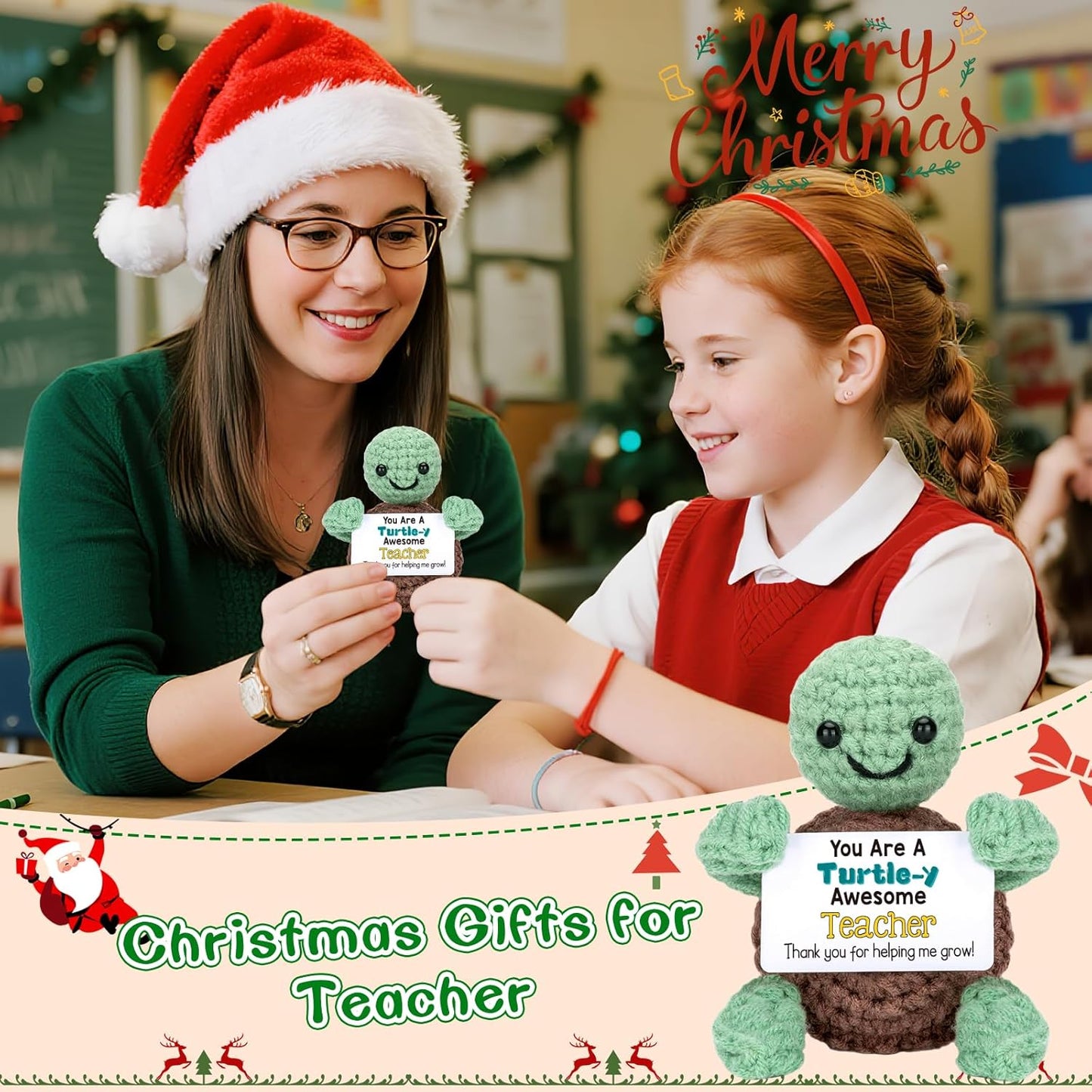 Mini Funny Turtle Christmas Teacher Gifts for Women Men, End of Year Thank You Teacher Gifts Ideas, Personalized Cool Small Cute Stuff Things, Handmade Emotional Positive Crochet Turtle