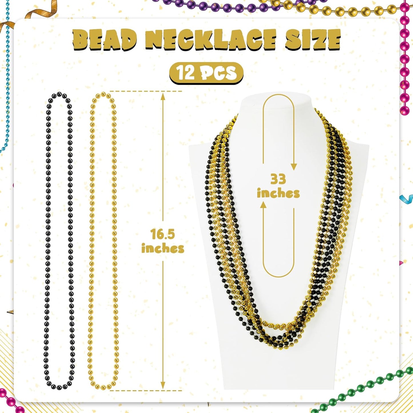 12 PCS Mardi Gras Beads Bulk, New Year Beaded Necklaces, 33" BlackGold Beads Graduation Beaded Stuff Set, Carnival Round Costume Necklace for New Years Eve Parade Throws Party Favors Decorations