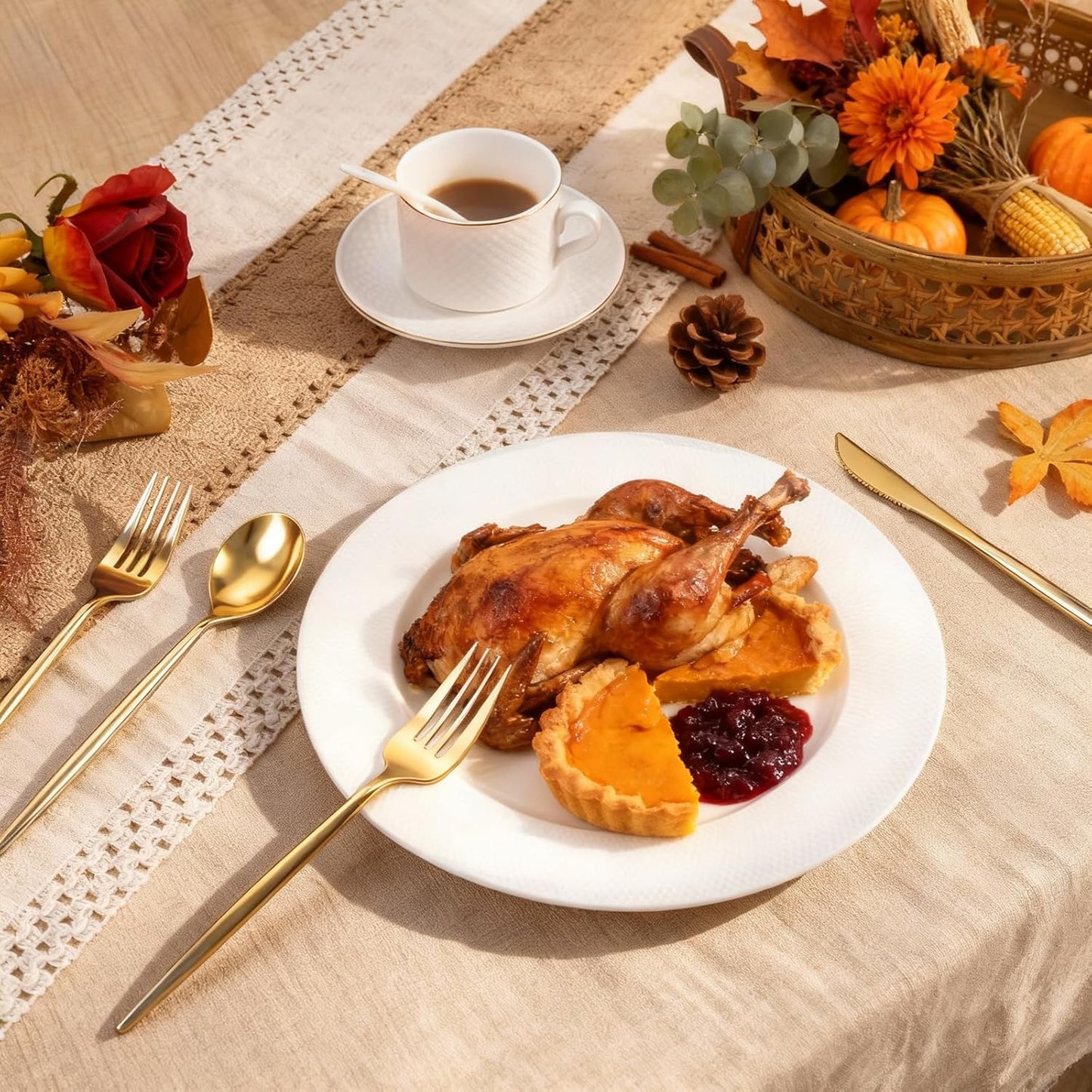 Rubtlamp 90Pcs Gold Plastic Silverware, Gold Disposable Thanksgiving Utensils, Plastic Cutlery Include 30 Plastic Knives, 60 Forks and Spoons, Fancy Plastic Silverware Heavy Duty for Thanksgiving