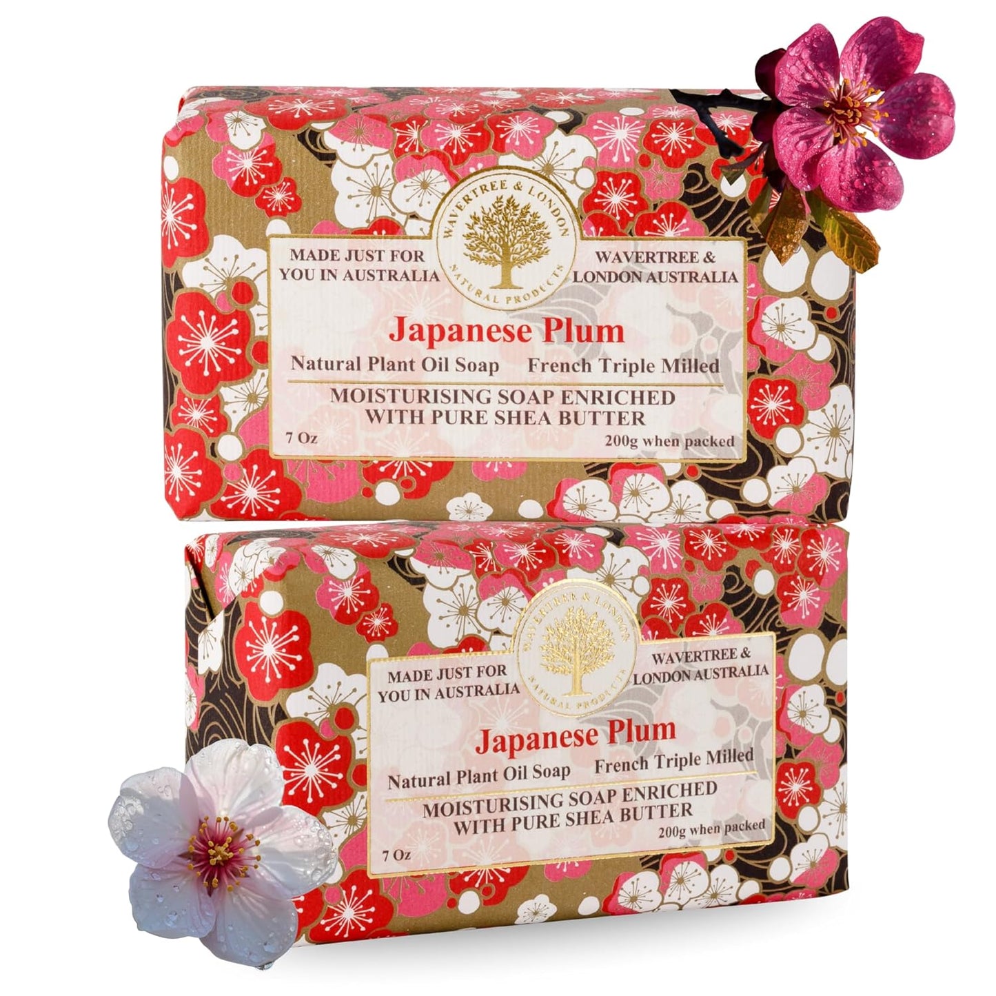 Wavertree & London Japanese Plum Scented Natural Soap (2 Bars), 7oz Moisturizing French Triple Milled Soap Bars enriched with shea butter - Pure Plant Based Bath & Body Bars for All Skin Types
