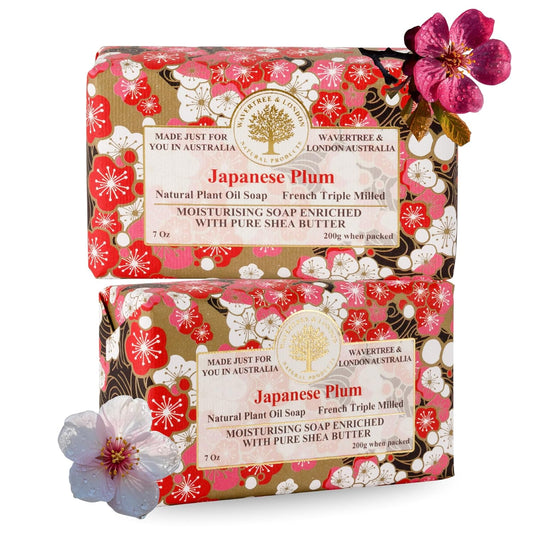 Wavertree & London Japanese Plum Scented Natural Soap (2 Bars), 7oz Moisturizing French Triple Milled Soap Bars enriched with shea butter - Pure Plant Based Bath & Body Bars for All Skin Types