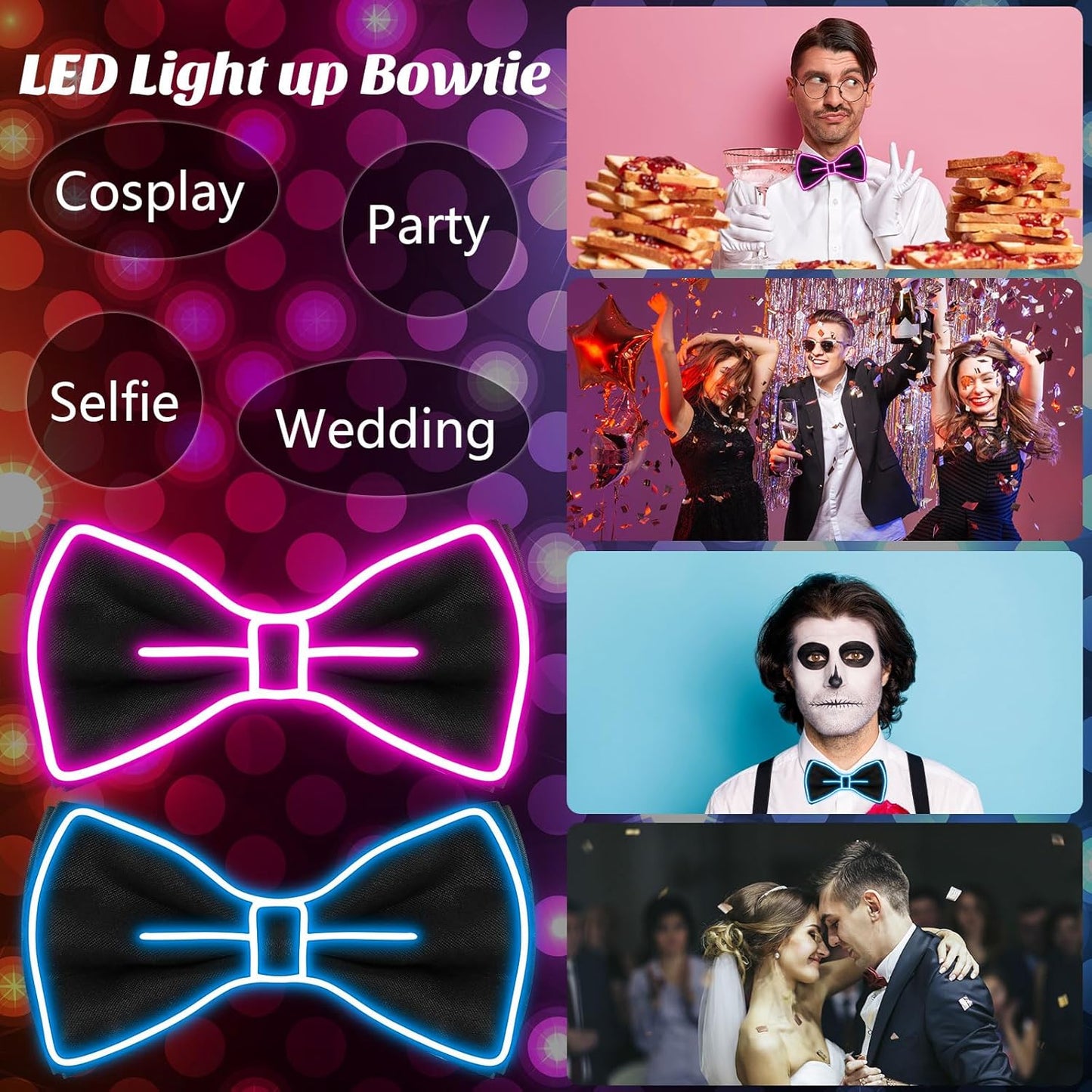 Hercicy Light up Bow Tie for Men LED Neon Bowtie Funny Ties Women Glow in the Dark Party Costume