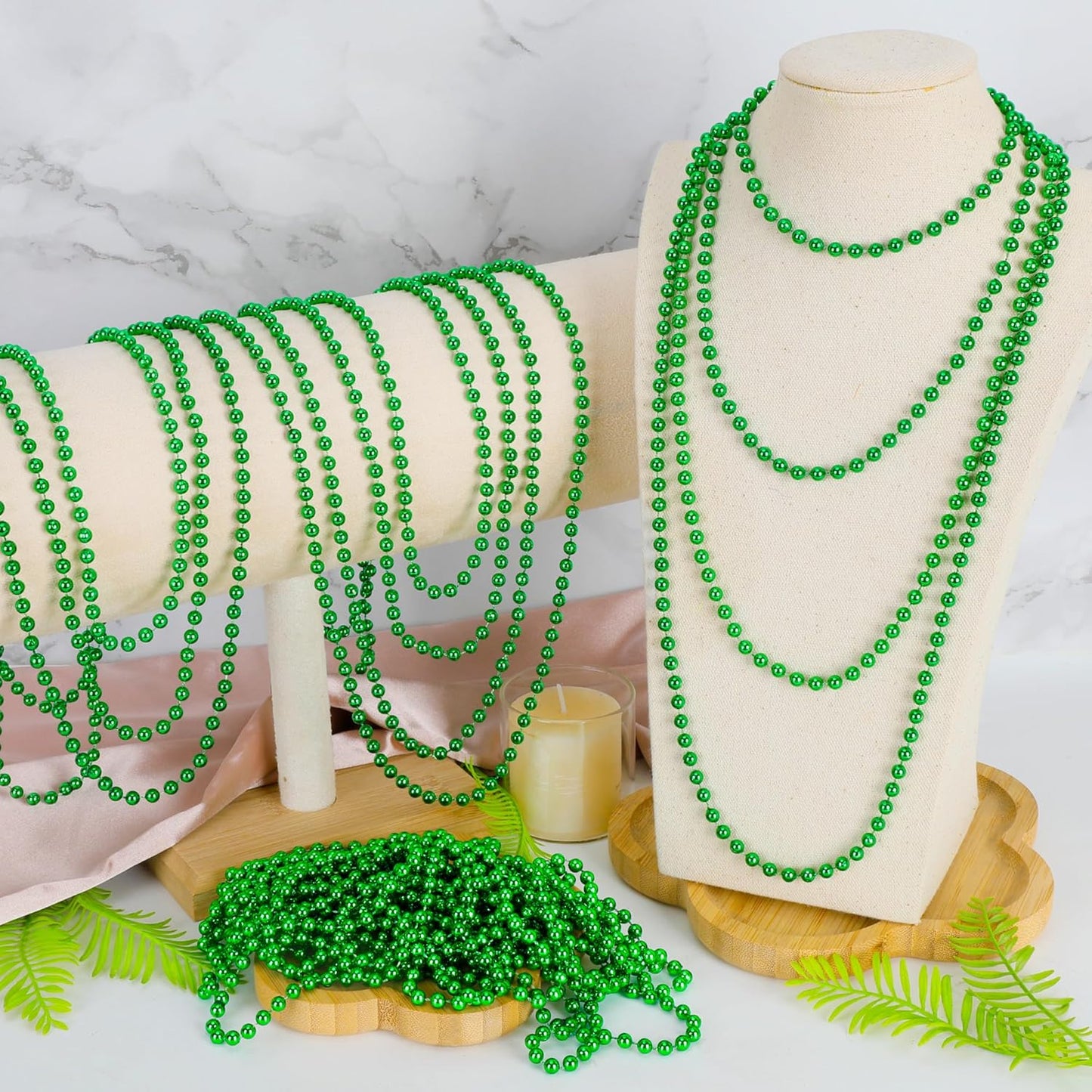 St Patricks Day Necklace, 12 PCS Mardi Gras Beads Bulk, 33 Inches Round Beads Necklaces Accessory Set, Christmas Parade Throw Accessories for Mardi Gras St. Patricks Party Supplies