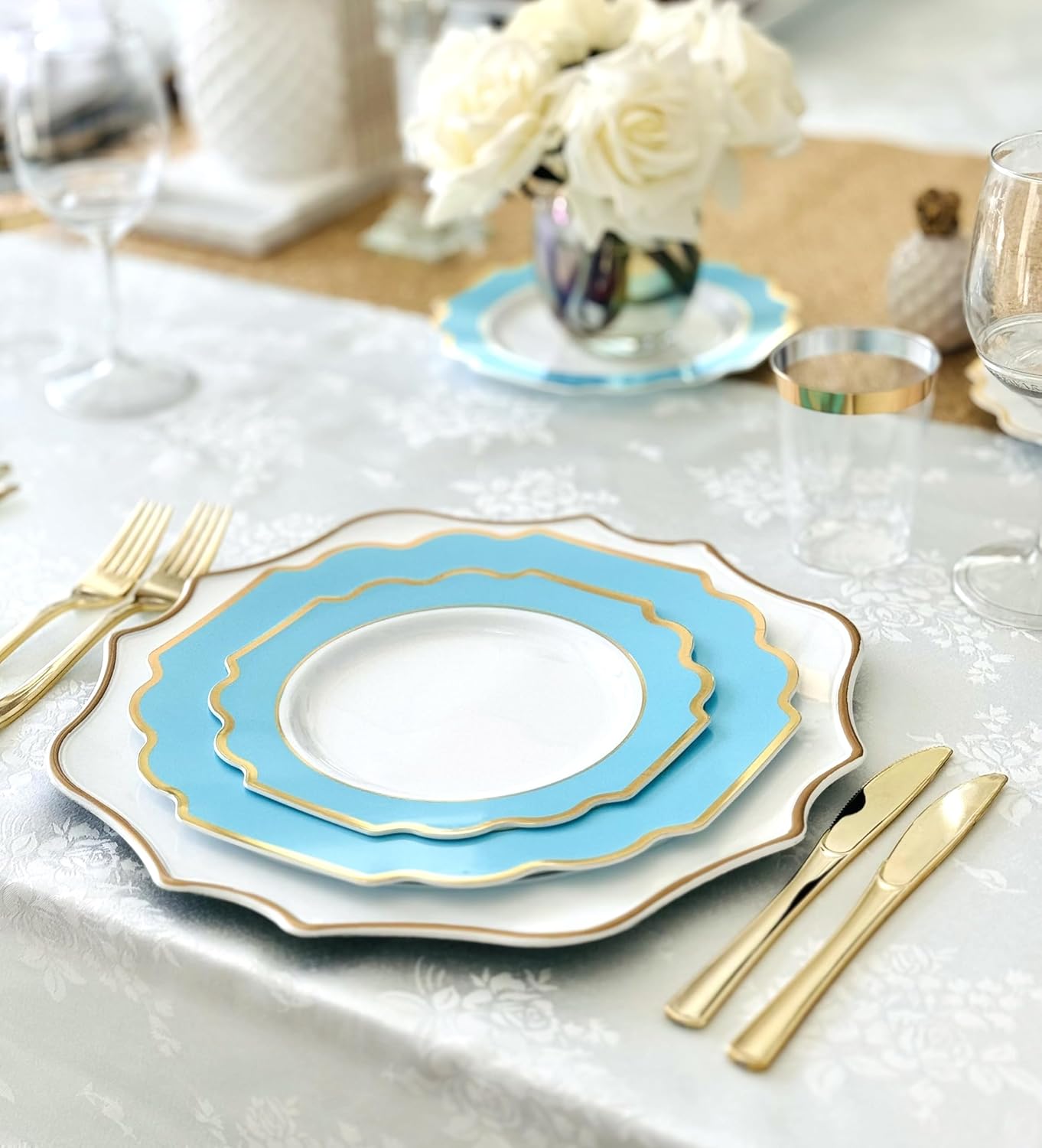" OCCASIONS " 50 Plates Pack (25 Guests)-Heavyweight Wedding Party Disposable Plastic Plate Set -(25x10.5'' Dinner + 25x8'' Salad/dessert (Imperial Aqua/Gold)