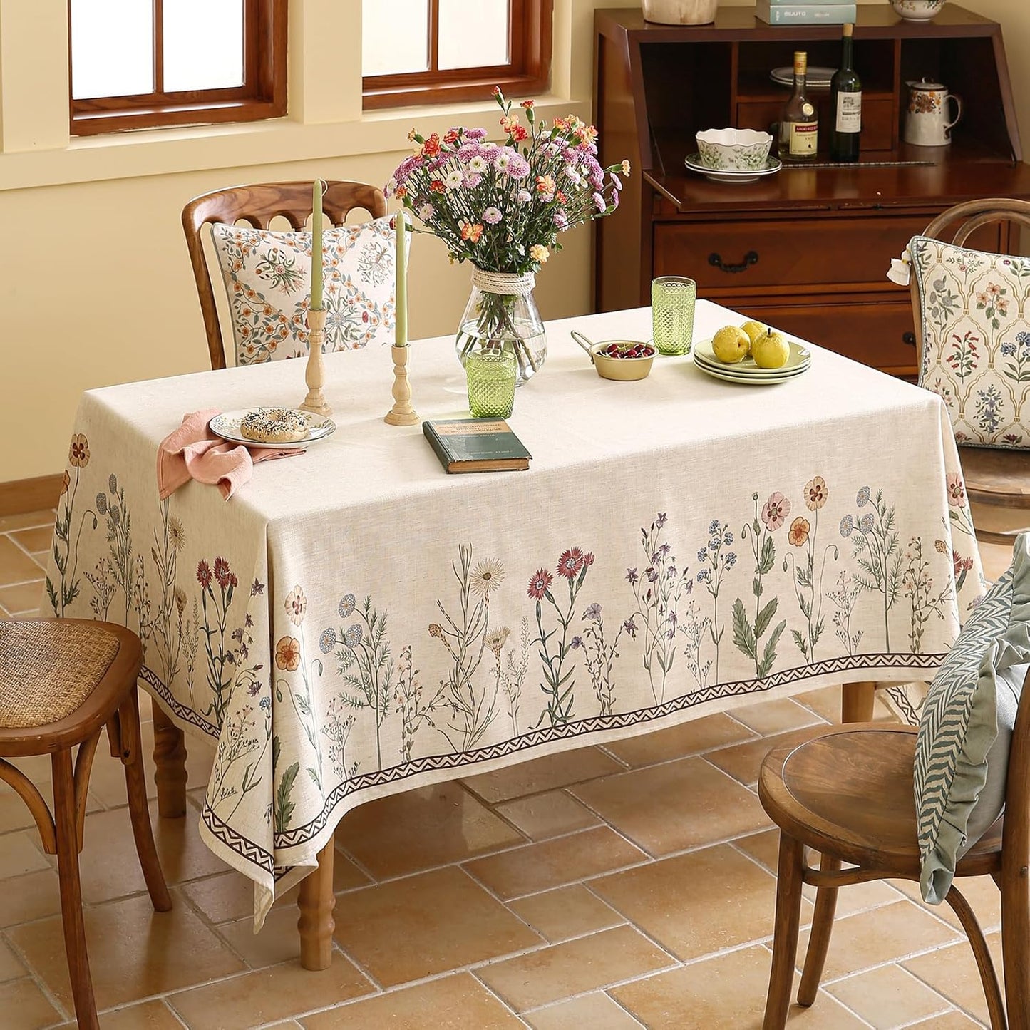 ISAENNE Designer Off White Linen Small Rectangle Tablecloth,Floral Elegant Table Cloth,Stain Resistant Vintage Decor Tablecloths for Dining Thanksgiving Kitchen Christmas,55"*71"-Serenity G