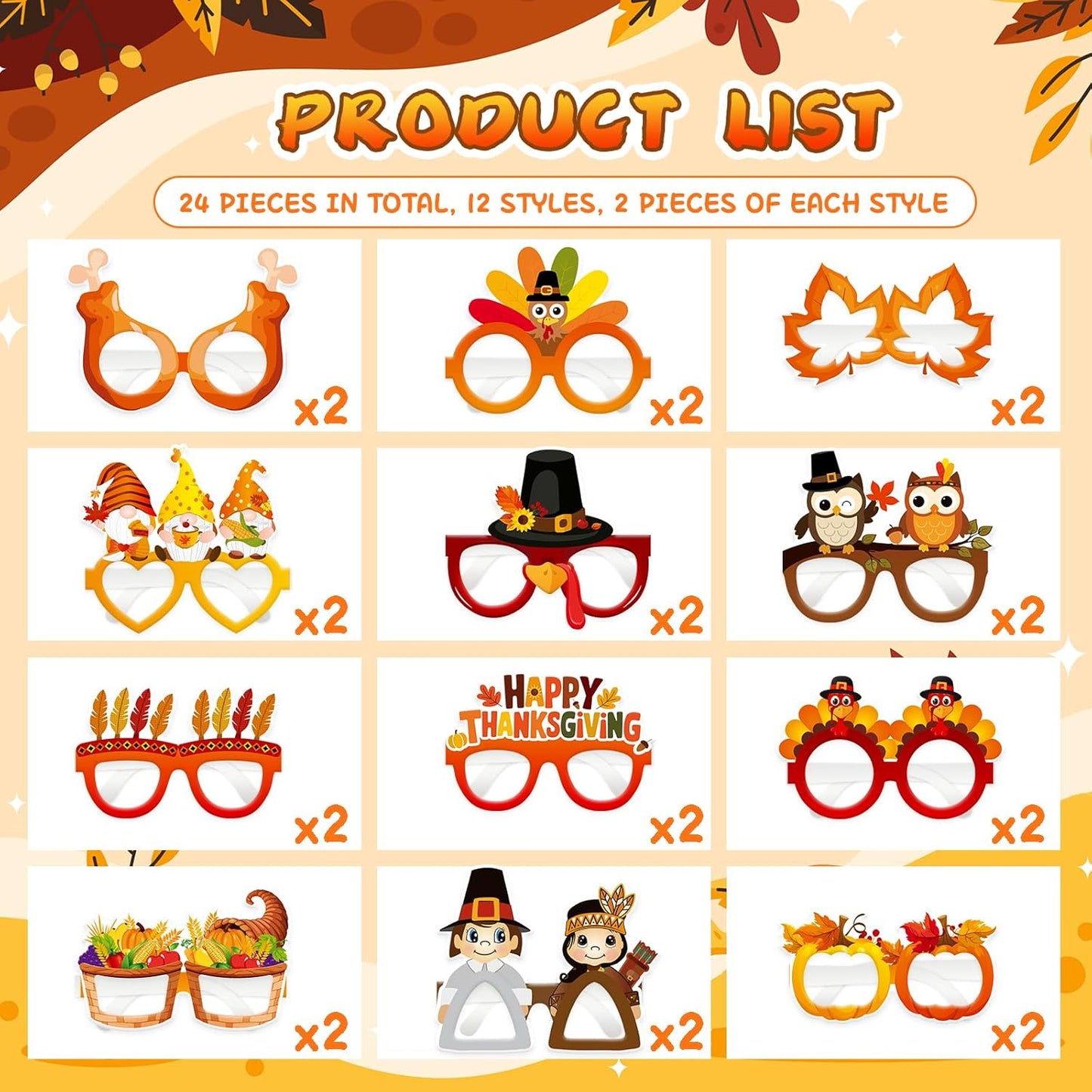 24 Pcs Thanksgiving Photo Booth Props Turkey Paper Eyeglasses Thanksgiving Party Favors Friendsgiving Gifts for Kids