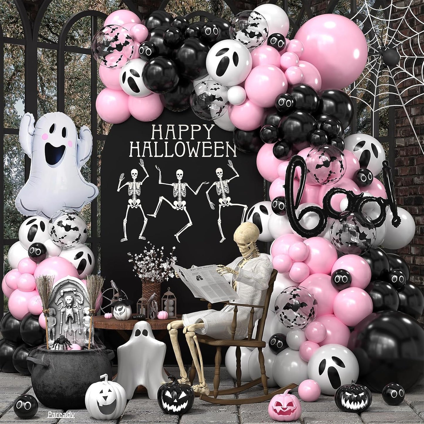 Halloween Balloon Arch Kit, Black Pink Balloons Garland Arch Kit with Large Ghost and BOO Foil Balloon, Eyes Bat Ghost Printed White Balloons For Halloween Decorations Home Garden Party Supplies
