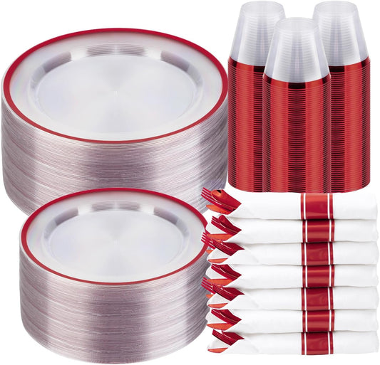 350PCS Clear and Red Disposable Plates Set for 50 Guests, 100 Plastic Plates, 50 Plastic Cups, 50 Pre-Rolled Napkins with Cutlery for Party, Christmas, Thanksgiving, Birthday, Halloween