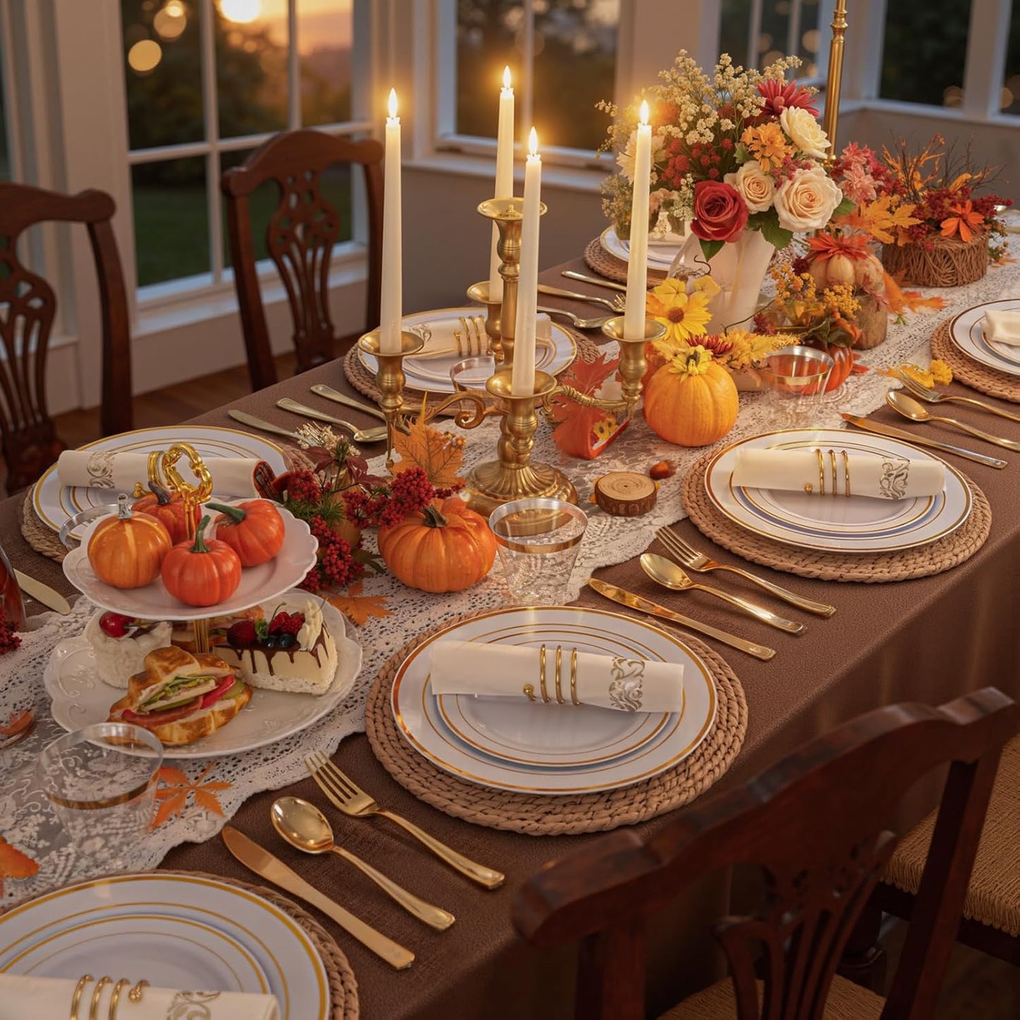 350Piece Gold Dinnerware Set for 50 Guests - Gold Plastic Plates with Disposable Cutlery Include:50Dinner Plates-50Dessert Plates-50Pre Rolled Napkins with Silverware for Thanksgiving