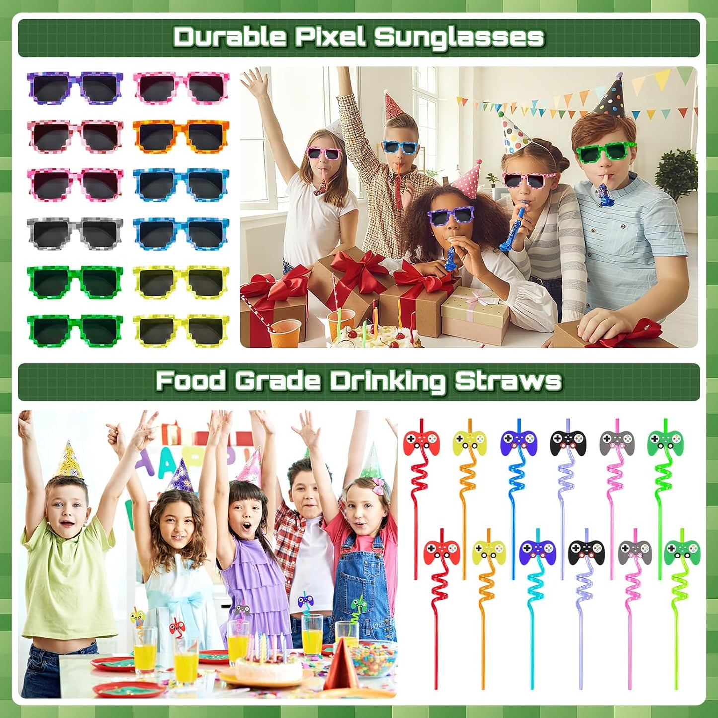 Video Game Party Favors for Kids: Pixel Theme Goodie Bags Stuffers Birthday Party Supplies, Bracelets, Keychain, Sunglasses, Notepads, Stickers, Gift Bags Serves 12 Boy Girl Birthday Party Decorations