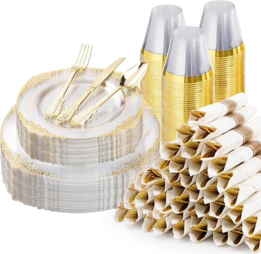 350PCS Clear Plastic Plates for 50 Guests, Disposable Dinnerware Sets Include 100 Gold Rim Plastic Plates, 50 Silverwares, 50 Cups, and 50 Pre Rolled Napkins for Party, Graduation