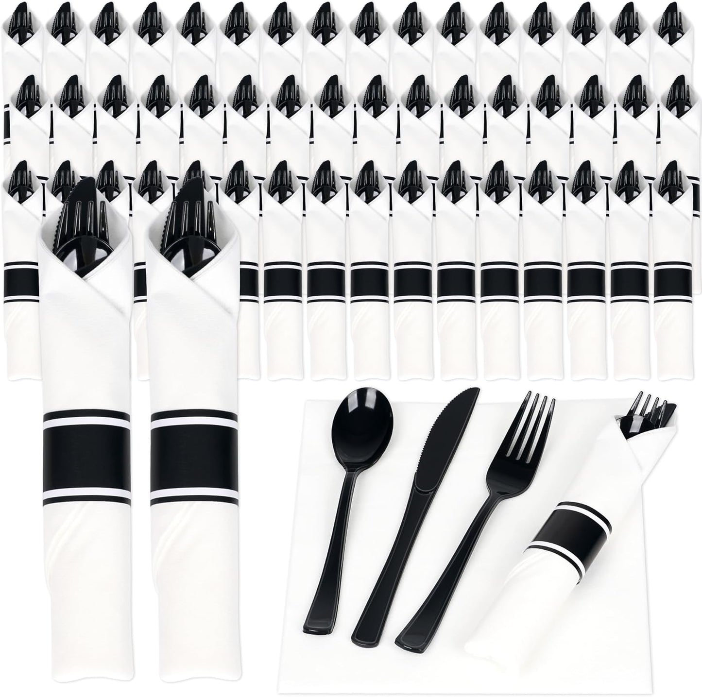 50 Pack Pre Rolled Black Plastic Silverware Set,Wrapped Plastic Cutlery Set with Napkin Include 50 Forks,50 Spoons,50 Knives and 50 White Napkins for Party,Wedding