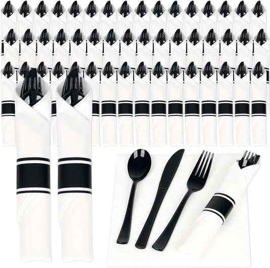 50 Pack Pre Rolled Black Plastic Silverware Set,Wrapped Plastic Cutlery Set with Napkin Include 50 Forks,50 Spoons,50 Knives and 50 White Napkins for Party,Wedding