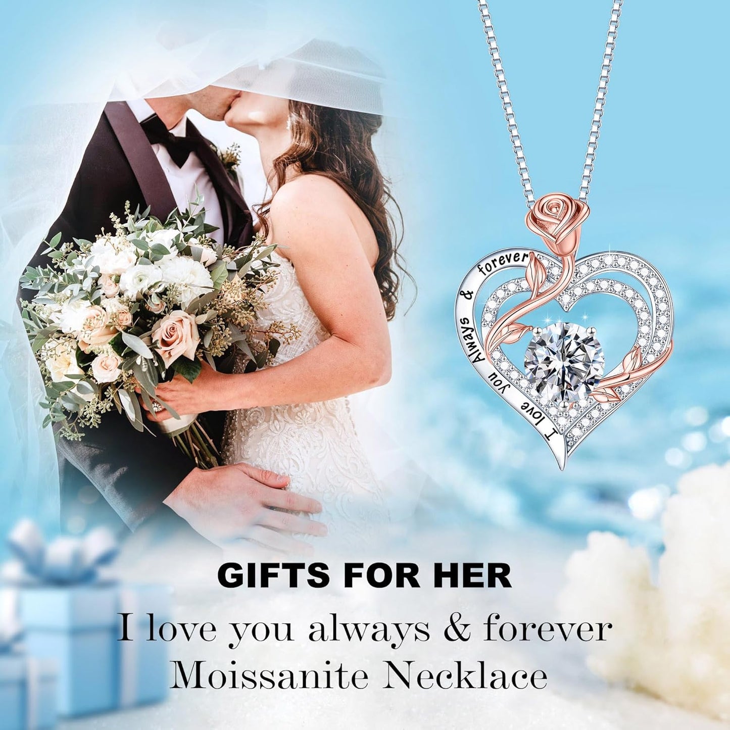 MOOSEA Rose Heart Moissanite Necklace for Women, 1-3 ct D Color VVS1 Clarity 925 Sterling Silver Moissanite Pendant Necklace Anniversary Birthday Gifts for Mom Wife Girlfriend Christmas Jewelry Gifts