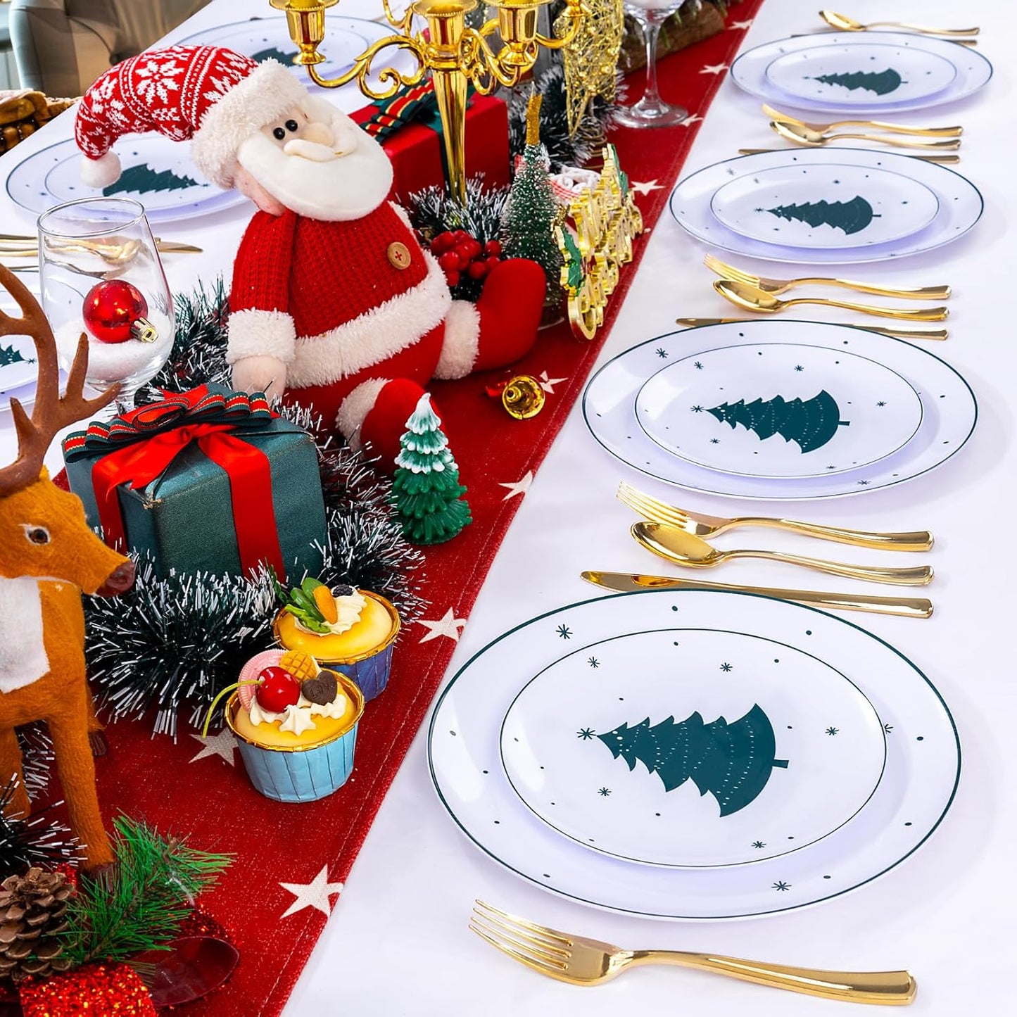 WDF 50 Pieces Christmas Plastic Plates - White Plastic Plates with Christmas Tree - Heavy Duty White and Green Disposable Plates for Christmas