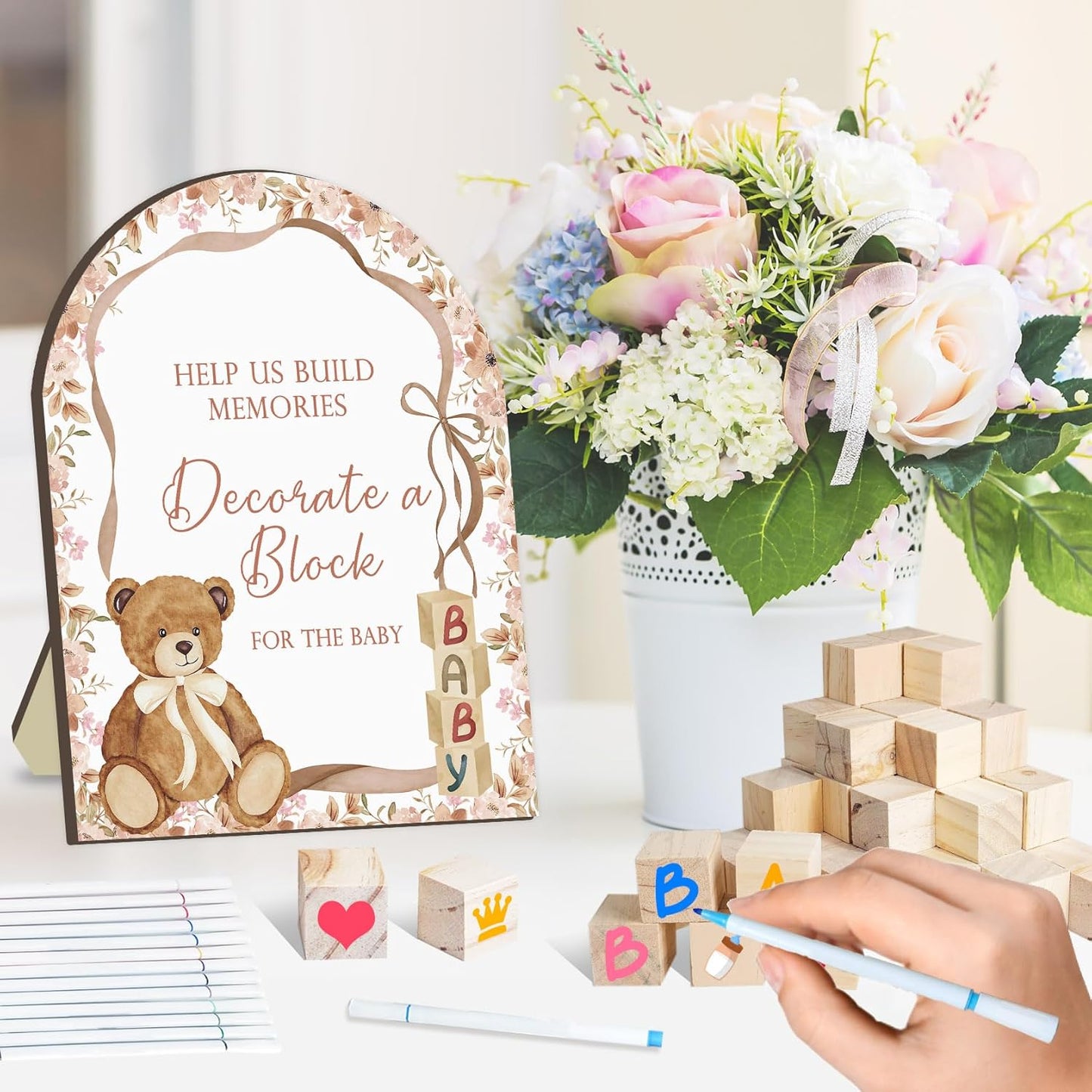 Teddy Bear Baby Shower Games Kit, Teddy Bear Baby Shower Decor, Floral Ribbon Babies Game with 50 Blank Wooden Babies Block, 24 Acrylic Paint Marker & Decorate a Block Wooden Sign for Boys Girls