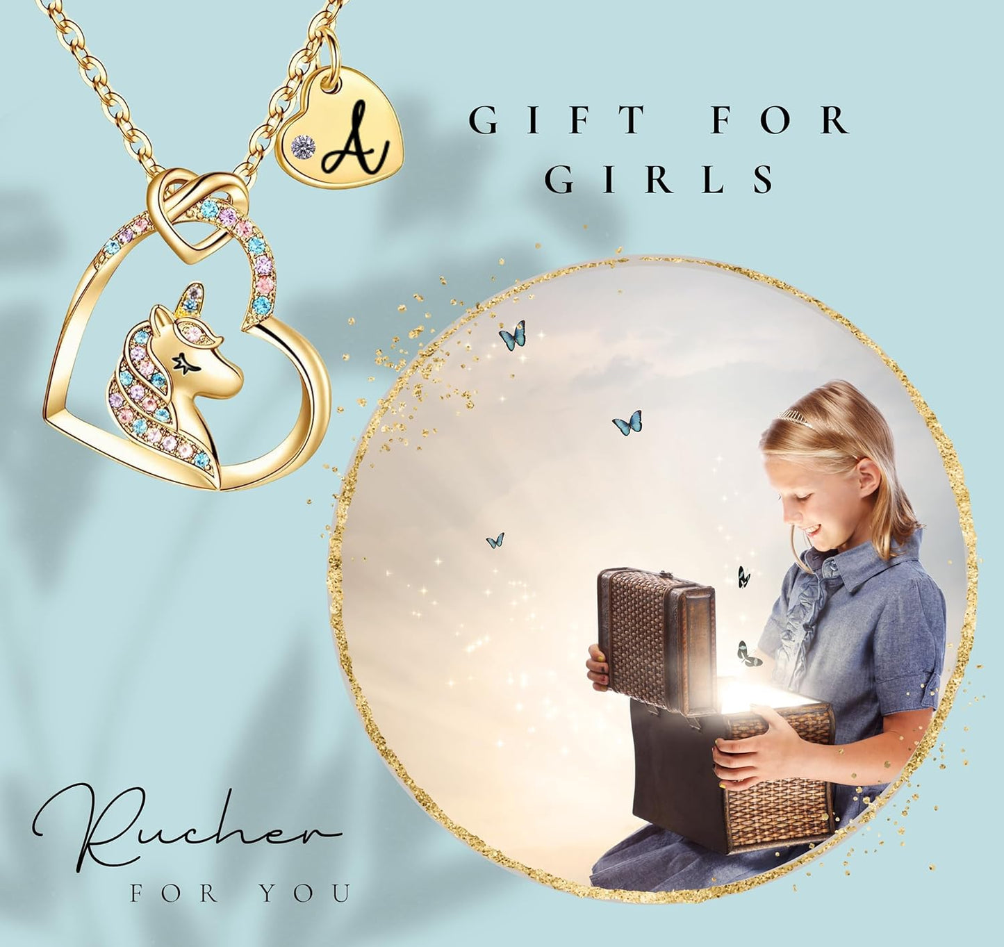 Unicorn Necklace for Girls Kids with Personalized Initial Heart Pendant, 18K Gold Fashion Jewelry for Girls, Colorful Heart Necklace for Birthday Gifts.