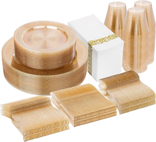I00000 350 Pcs Gold Glitter Plastic Dinnerware Set for 50 Guests, Plastic Disposable Plates for Party, Include: 50 Dinner Plates,50 Dessert Plates,50 Paper Napkins, 50 Cups, 50 Silverware Set