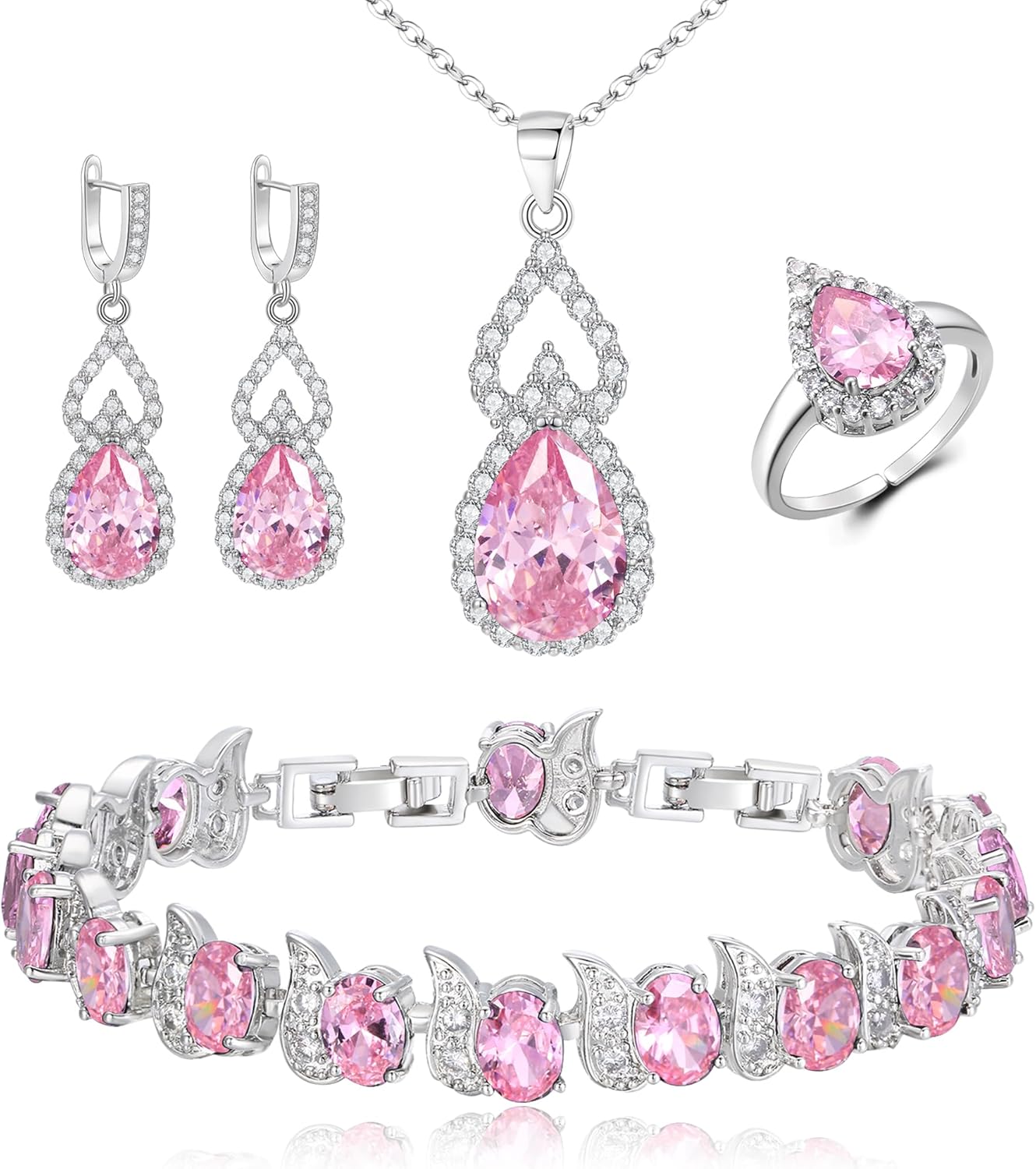 BriLove Wedding Jewelry Set for Women Bride Bridesmaid, Gorgeous Cubic Zirconia Teardrop Necklace Earrings Bracelet Adjustable Ring Jewelry Gift for Birthday/Anniversary/Mother’s Day