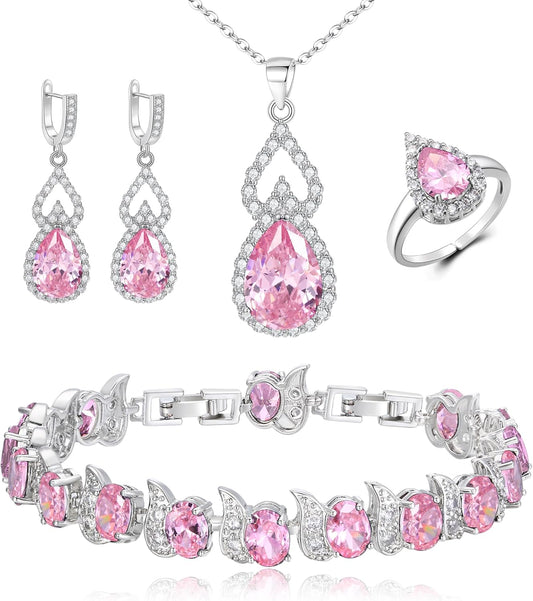 BriLove Wedding Jewelry Set for Women Bride Bridesmaid, Gorgeous Cubic Zirconia Teardrop Necklace Earrings Bracelet Adjustable Ring Jewelry Gift for Birthday/Anniversary/Mother’s Day