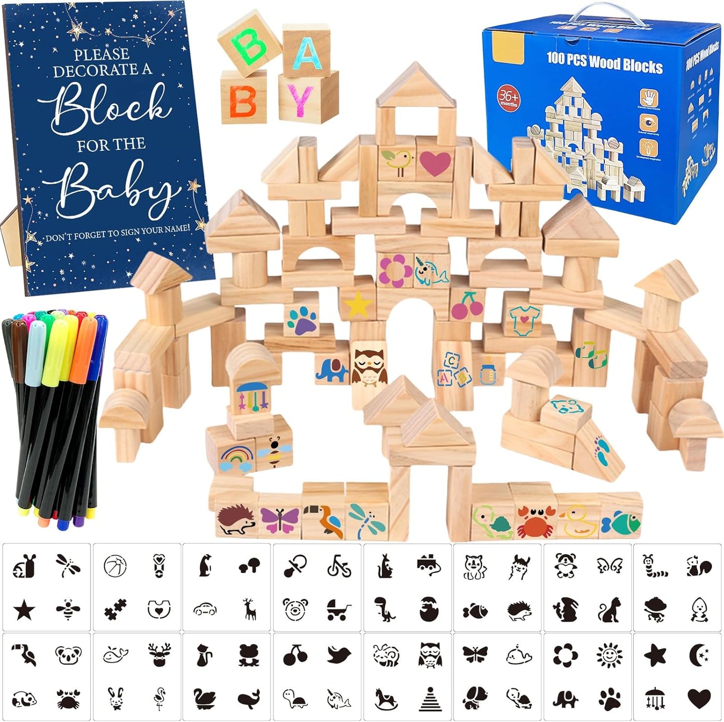 141 Pcs Baby Shower Game Sign Set Includes Decorative Square Signs 100 DIY Blank Wooden Blocks 20 Paint Markers(Star)