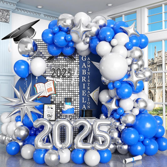 Blue Silver White Balloons Arch Kit with Explosion Star 4D Silver Foil Balloon Royal Blue White Metallic Balloons Garland for Blue 2025 Graduation Decoration Birthday Baby Shower Party