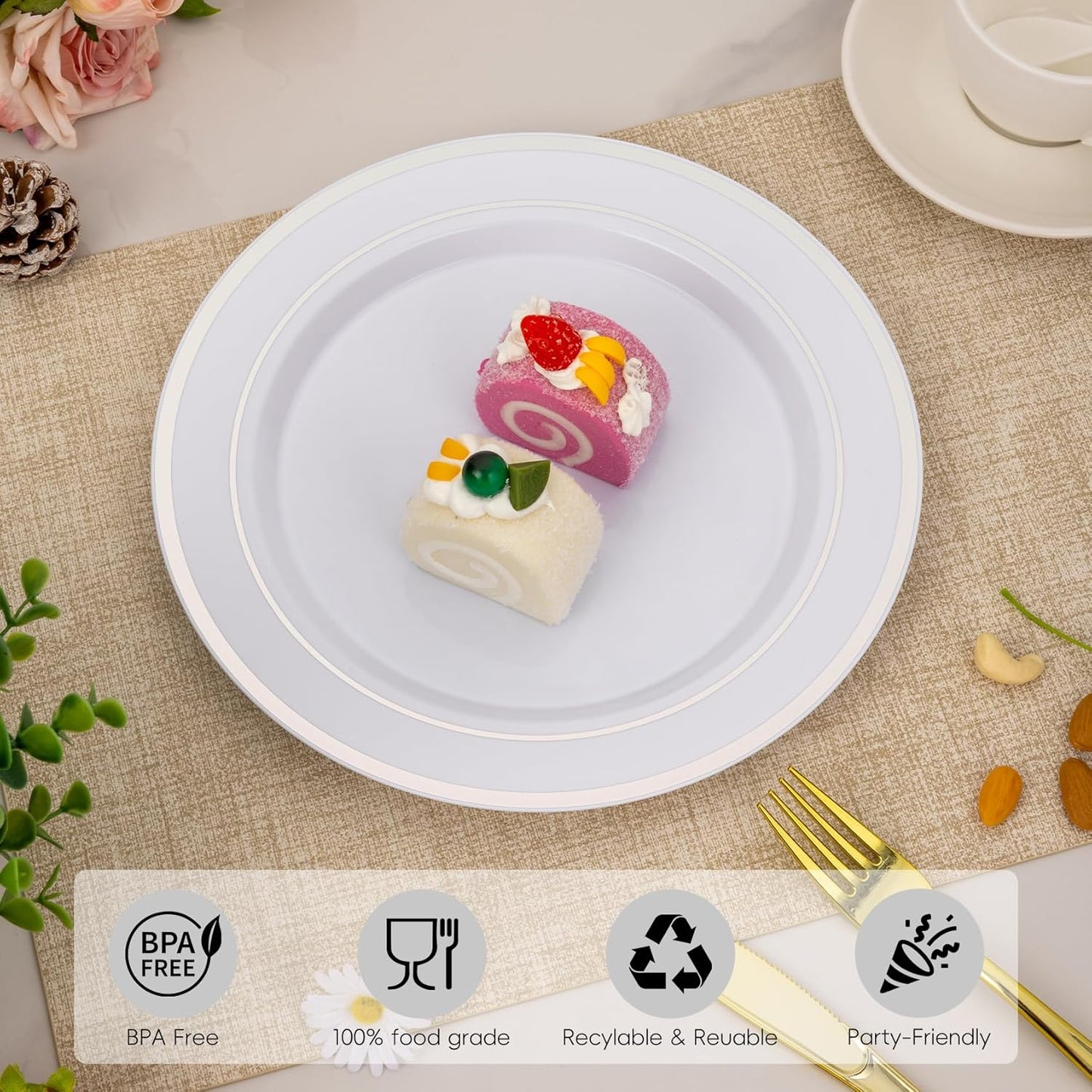 Goodluck 100PCS Silver Plastic Plates, 10.25 Inch Dinner Plate with Silver Rim, Heavy Duty Disposable Plastic Plates for Party, Wedding, Birthday & Daily Use