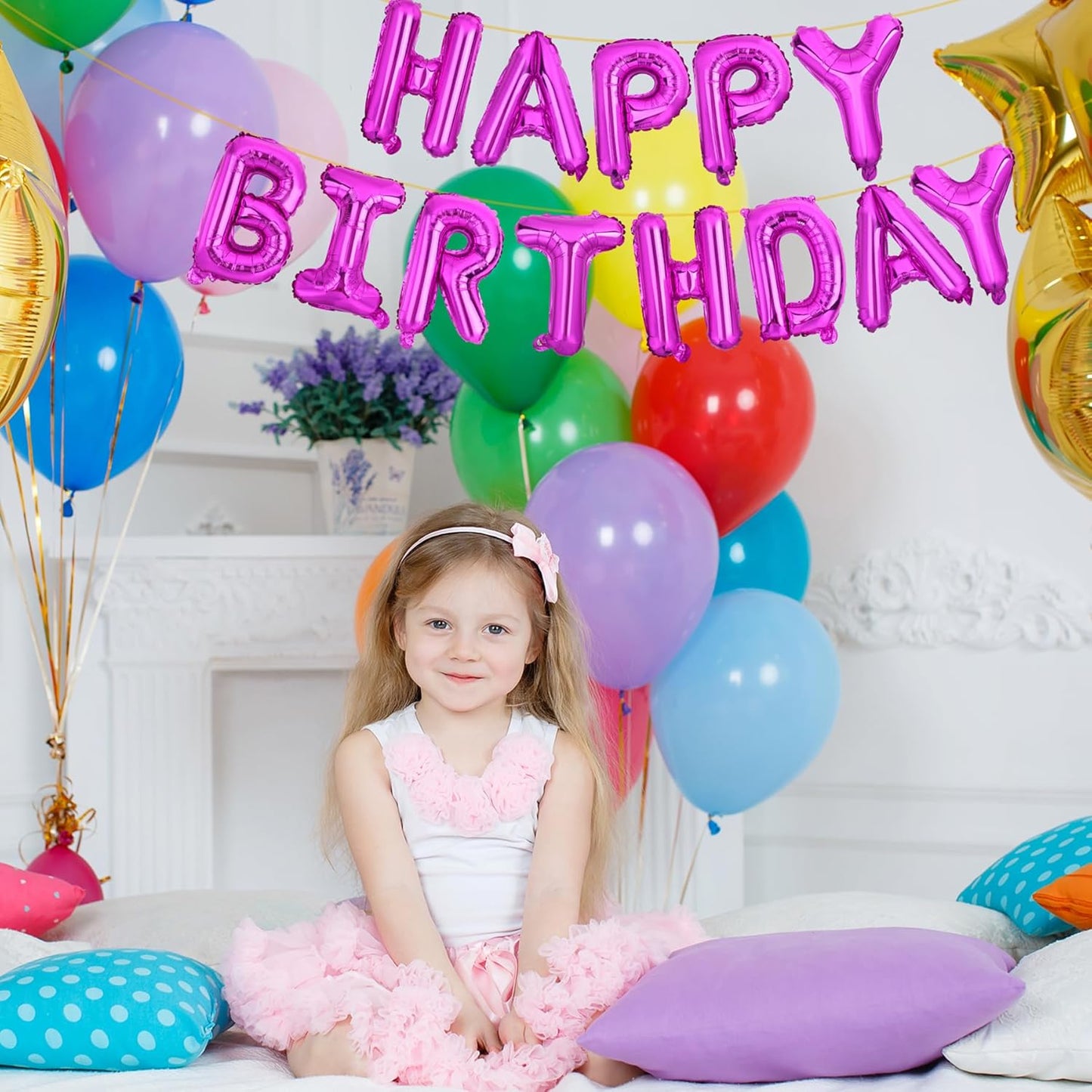 LIOZEOKUN Happy Birthday Balloon Letters 16 inch Mylar Foil Birthday Balloons Banner Sign for Birthday Party Decorations Supplies (Hot pink)