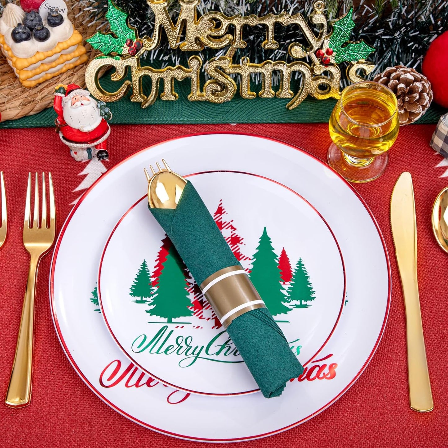 Supernal Gold Plastic Silverware with Green Napkins,Gold Silverware Disposable,Wrapped Plastic Cutlery Set with Napkin,Pre Rolled Silverware Set Disposable,Christmas Cutlery Suitable for 30 Guests