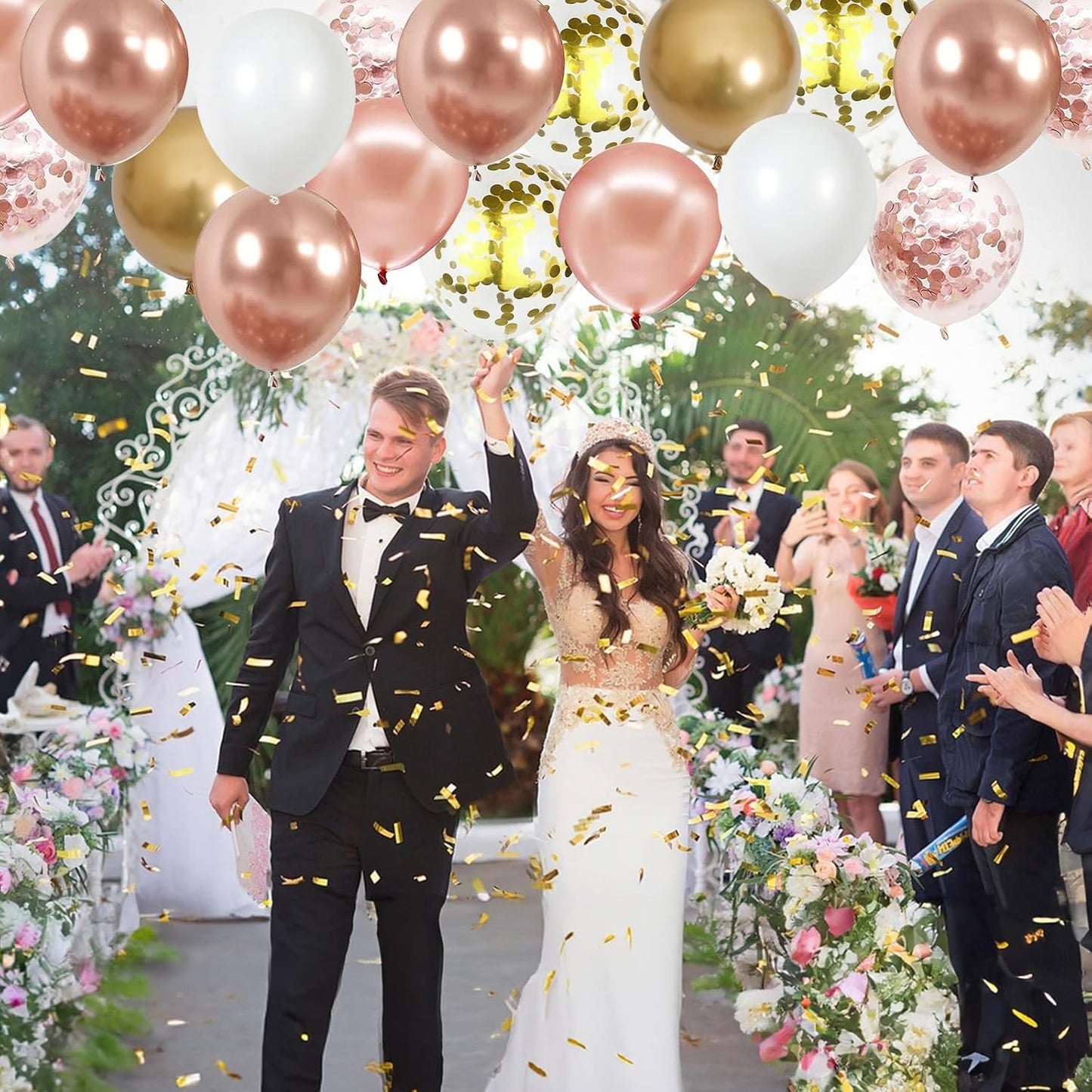 Rose Gold Confetti Balloons, 60 Packs 12 inch Metallic Rose Gold and Chrome Gold Party Balloon with Ribbon for Girls Women Birthday Wedding Anniversary Bridal Baby Shower Decoration