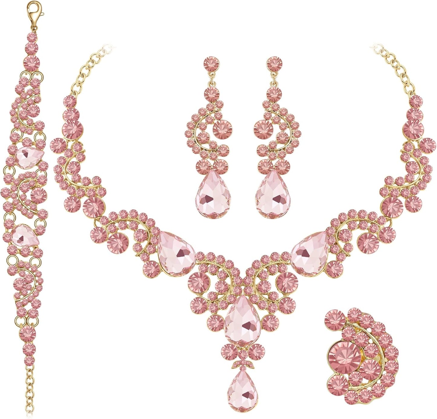 Crystal Bridal Wedding Jewelry Sets for Women Rhinestone Teardrop Crystal Statement Choker Necklace Drop Earrings Link Bracelets Rings Teardrop Jewelry Set for Brides Bridesmaids