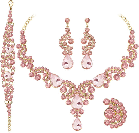 Crystal Bridal Wedding Jewelry Sets for Women Rhinestone Teardrop Crystal Statement Choker Necklace Drop Earrings Link Bracelets Rings Teardrop Jewelry Set for Brides Bridesmaids