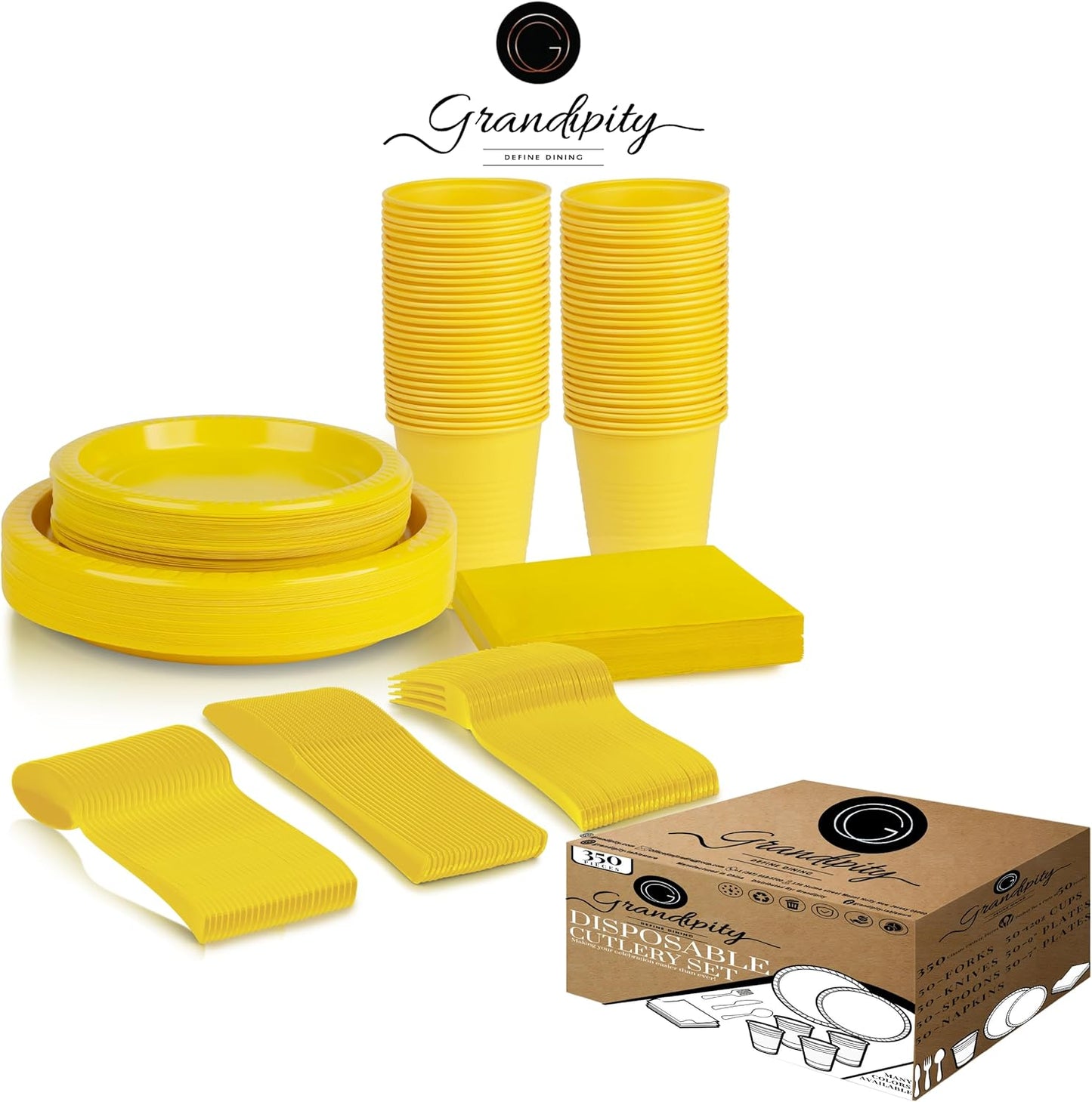 Grandipity 350 Piece Yellow Disposable Dinnerware Set, Includes 50 of Each: 9" Dinner Plates, 7" Dessert Plates, 12oz Cups, Paper Napkins, Forks, Knives & Spoons