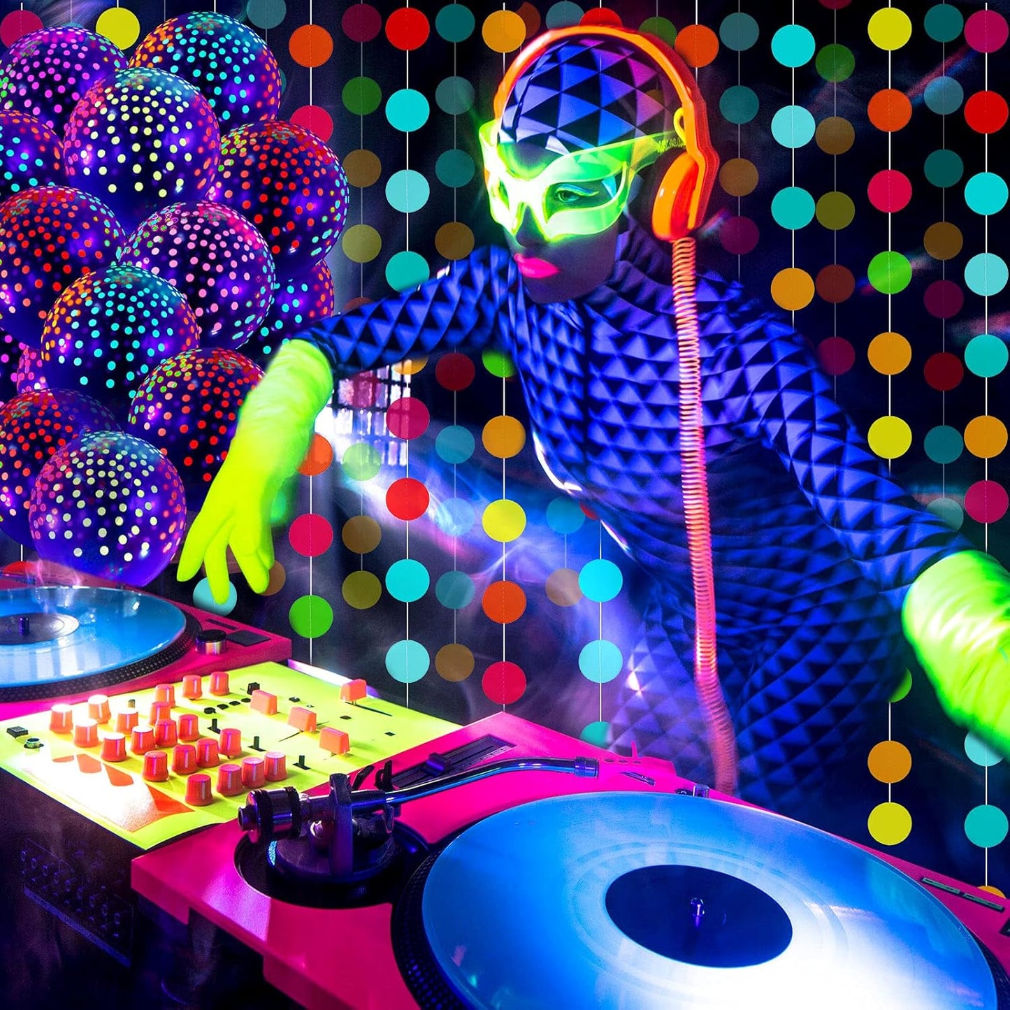 32 Pcs Glow in The Dark Party Supplies Halloween Neon Party Favors with 25 Fluorescent Balloon 6 Rolls 98.4 ft UV Blacklight Luminous Tape 14.4 ft Neon Streamer Garland for Adults(Clear Dot)