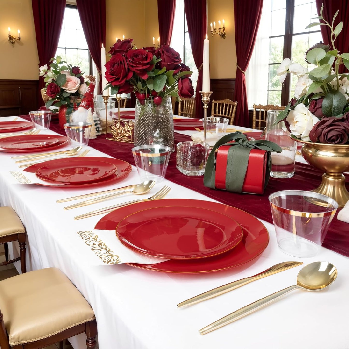 MirthMood 210pcs Red Plastic Plates,Disposable Red Gold Party Plates,Include 30 Dinner,Dessert Plate,30 Cup&30 Napkins, 90 Gold Silverware for Wedding & Party & Birthday（Plum Red）