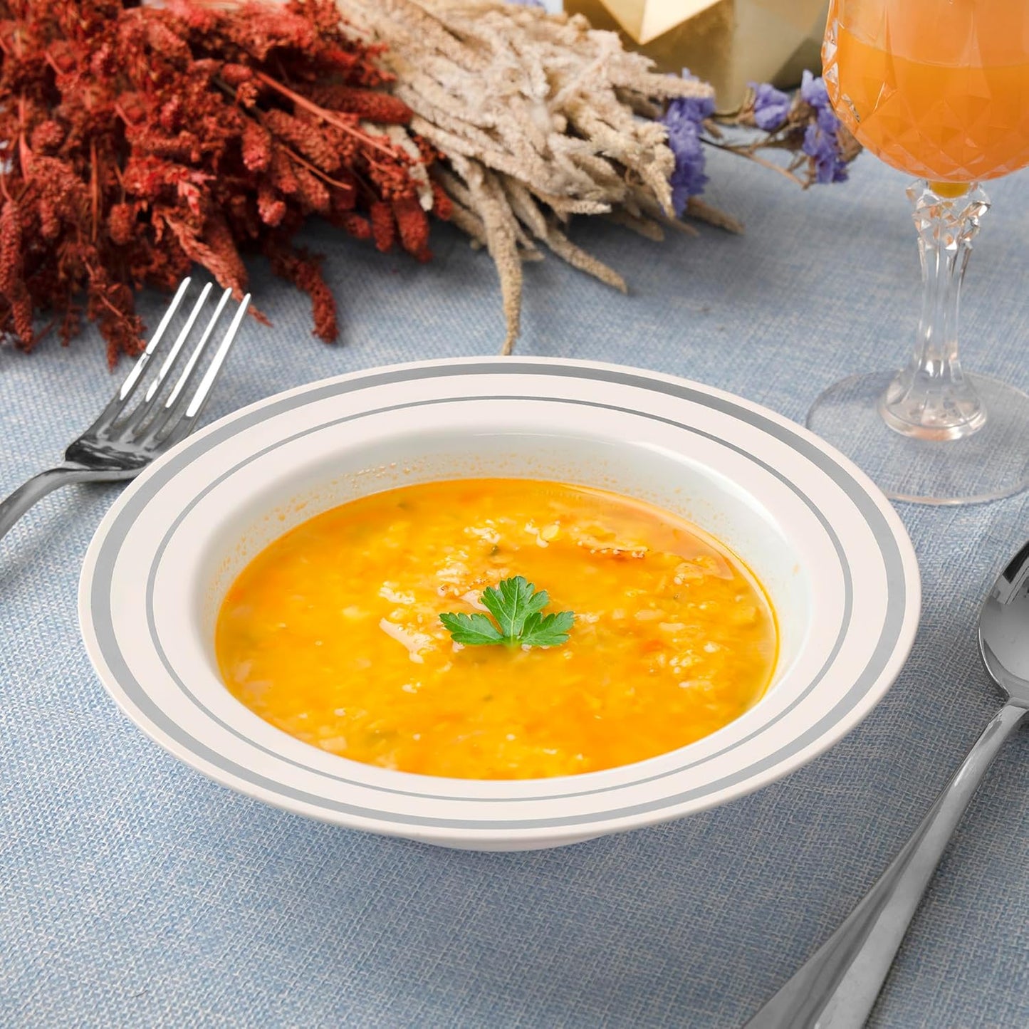 SETUP [12 oz. - 50 Piece Dessert Soup Bowls with Silver Rim, Plastic Bowls Disposable - Premium Heavy-Duty Disposable Soup Bowls for Party, Wedding, and All Occasions