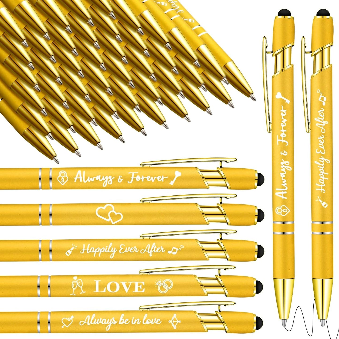 Kisston 36 Pcs Wedding Pens Bulk Bridal Shower Pens Favors Bachelorette 6 Styles Retractable Ballpoint Wedding Favors Supplies for Guest Game Office(Gold)