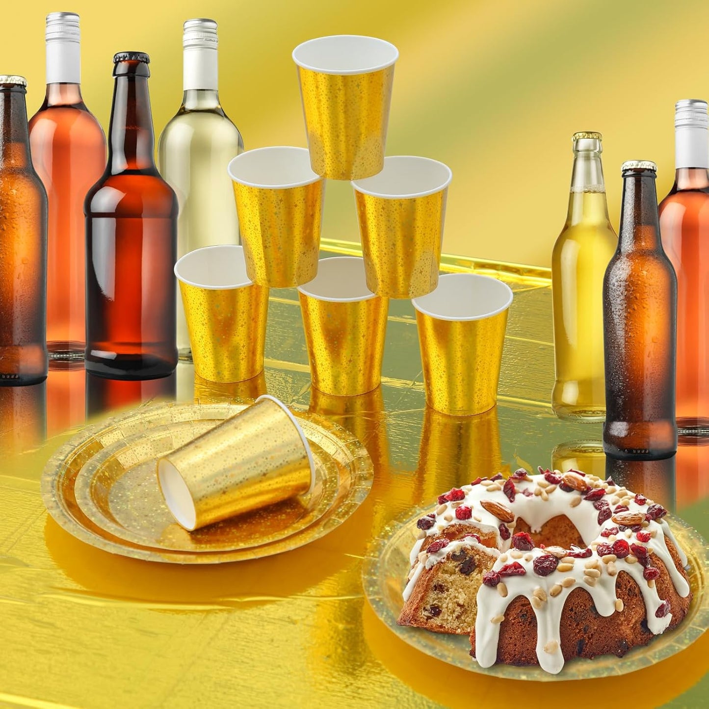 Sparkling Star Patterned Disposable Tableware Set, 201 Pieces, Tablecloths, Cutlery, Napkins, Cups, Straws, Plates for Parties, Birthdays, Graduations, Kids Events. 25Guest (Gold)