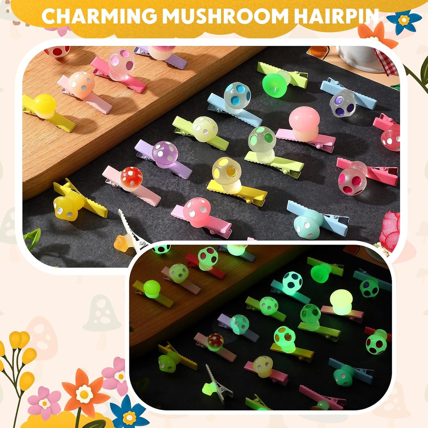 30 Pcs Mini Glow Hair Clips Girls Rave Hair Clips for Women Christmas Music Festival Holiday Party Supplies (Cute Mushroom)