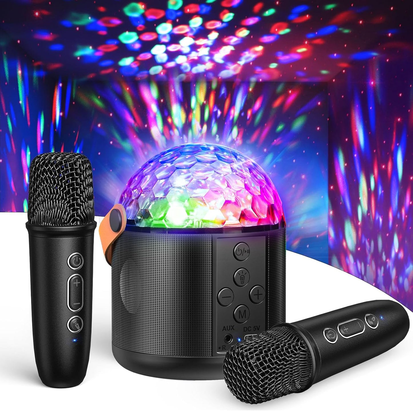 Karaoke Machine with Disco LED Lights for Adults Kids, Portable Bluetooth Speaker with 2 Wireless Microphone Toys Christmas Birthday Gifts for Boys Girls Family Home Party