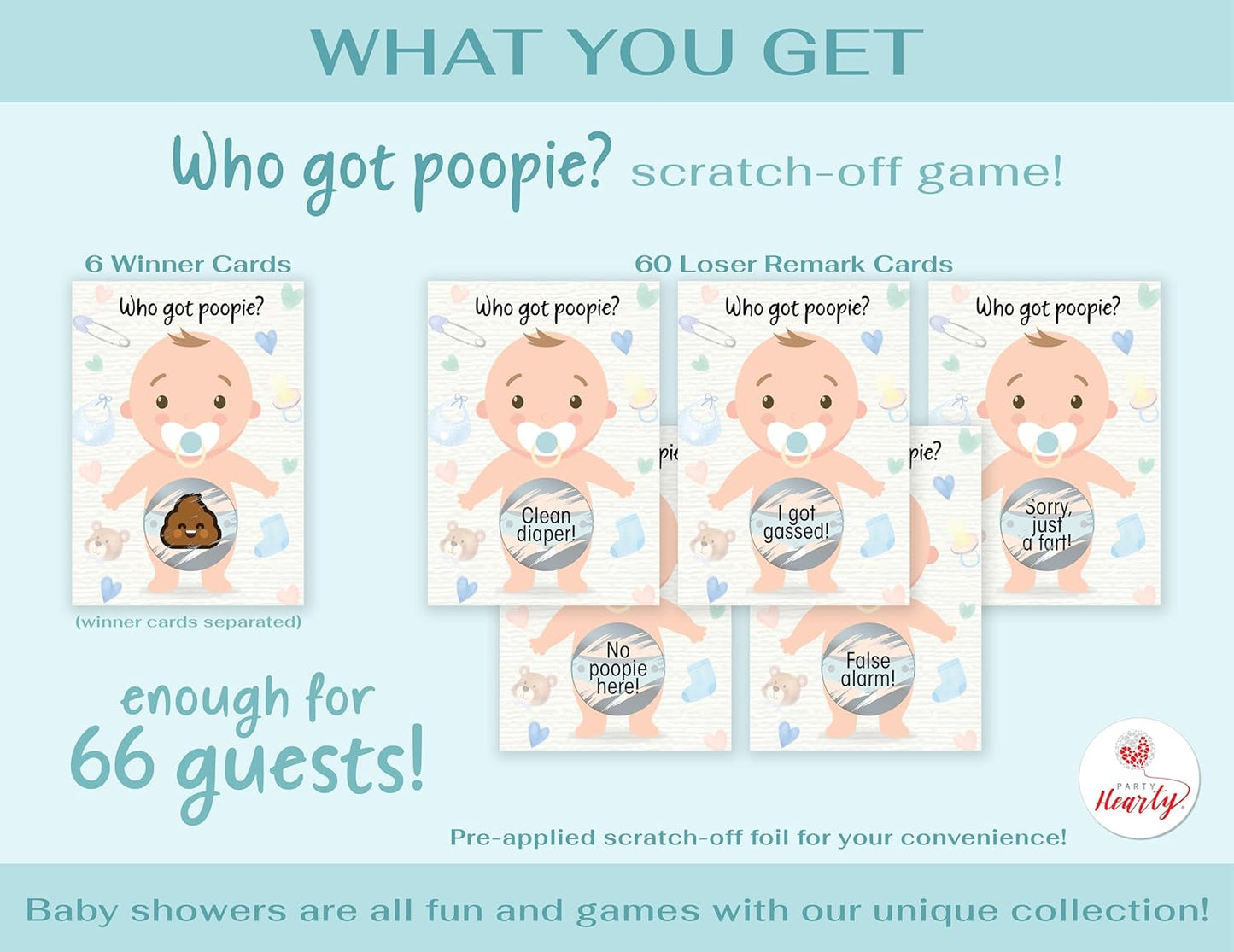 Party Hearty Baby Shower Games for Girl and Boy, 66 Poopie Emoji Scratch Off Lottery Tickets, Baby Games Ideas, Scratch Off Game